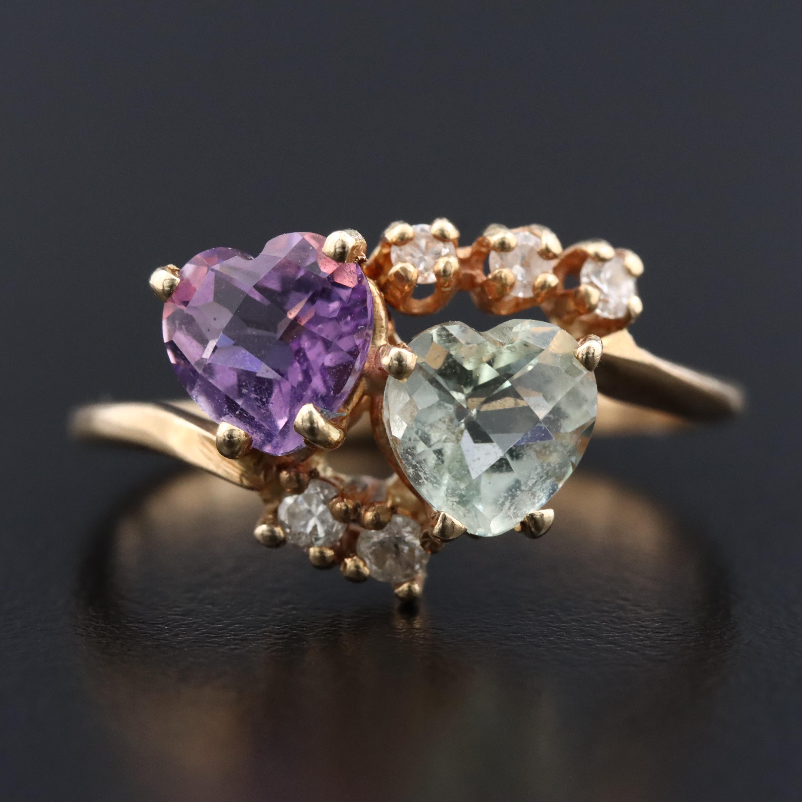 14K Amethyst, Prasiolite, and Diamond Ring