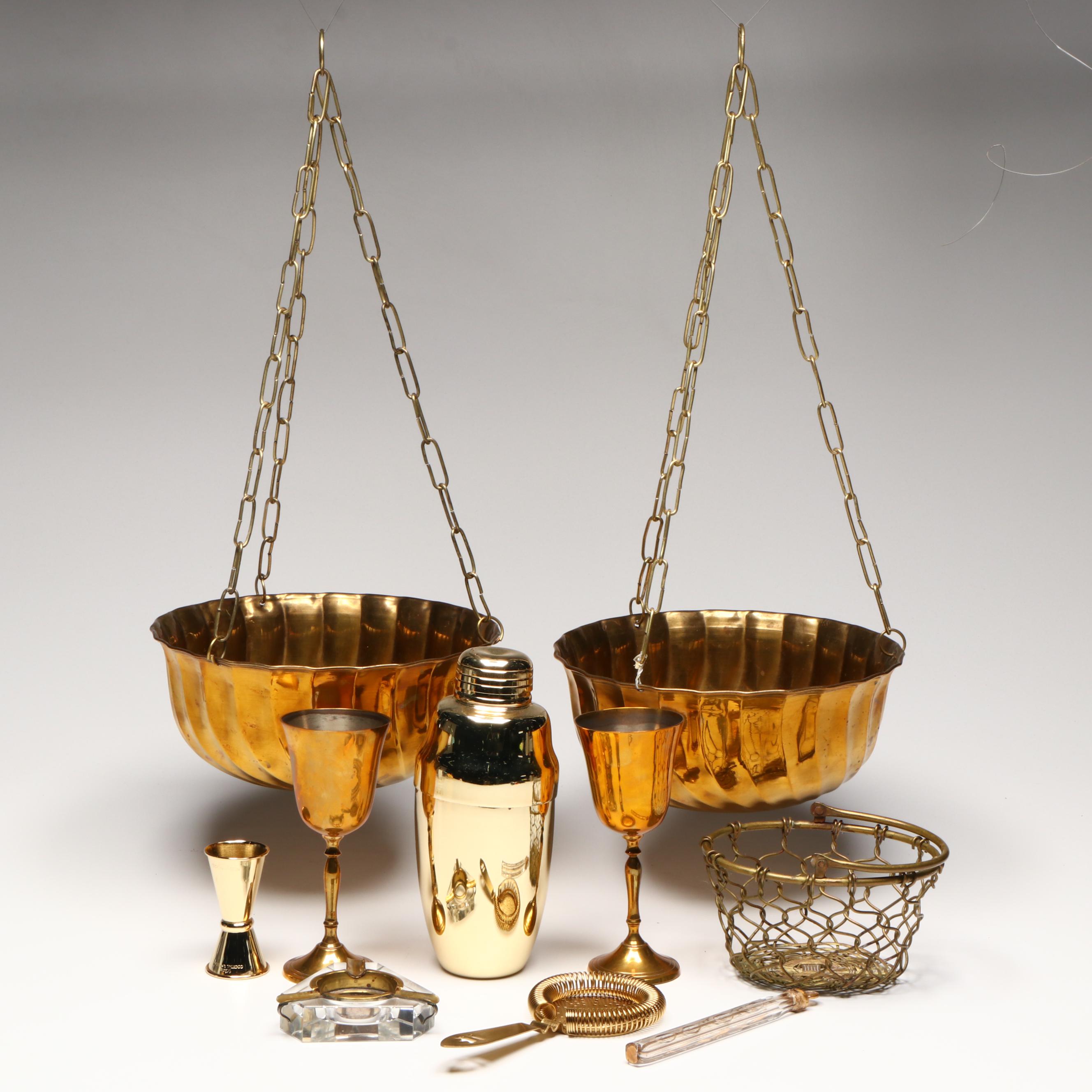 Brass Hanging Planters with Goblets and Cocktail Kingdom Bar Tools