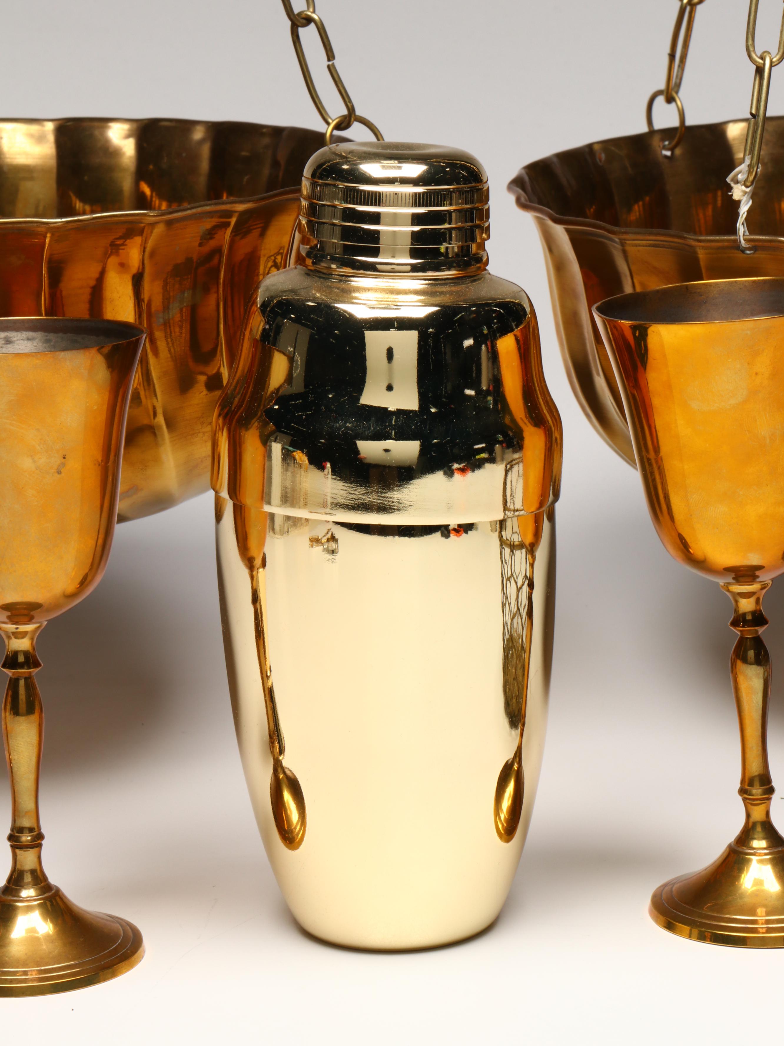 Brass Hanging Planters with Goblets and Cocktail Kingdom Bar Tools