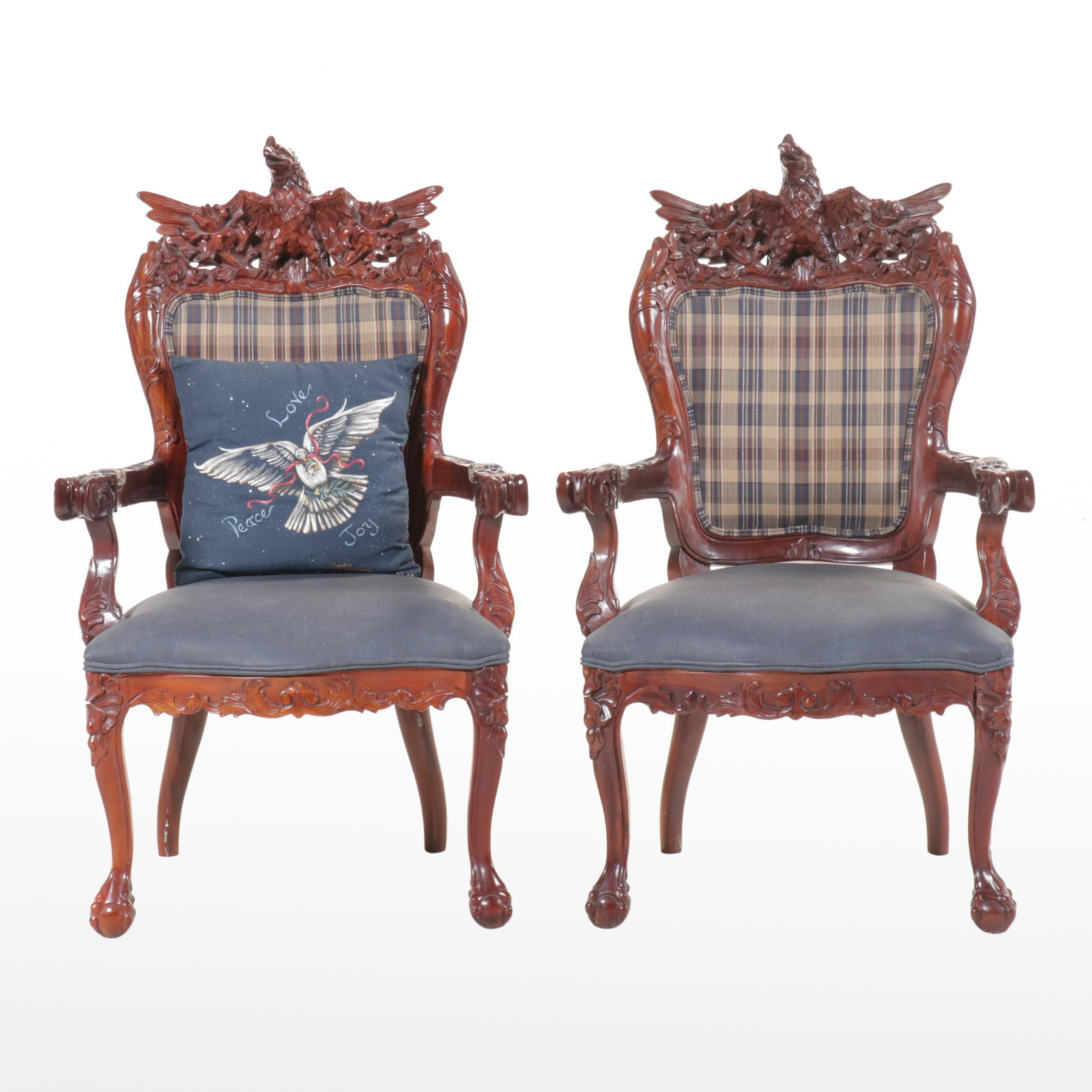 Pair of American Empire Revival Carved Eagle Mahogany Armchairs