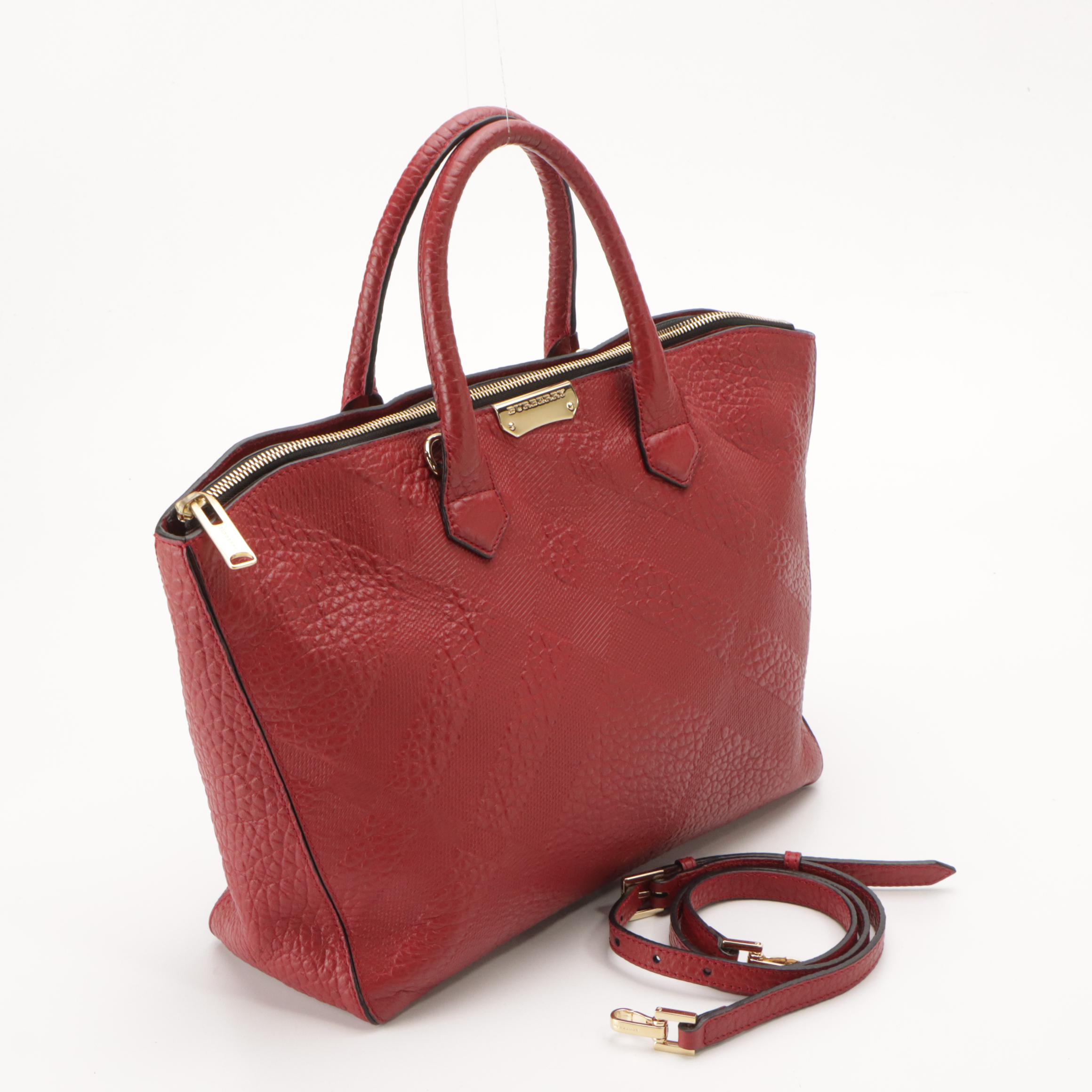 Burberry Two-Way Zip Tote in Cherry Red Check Embossed Leather