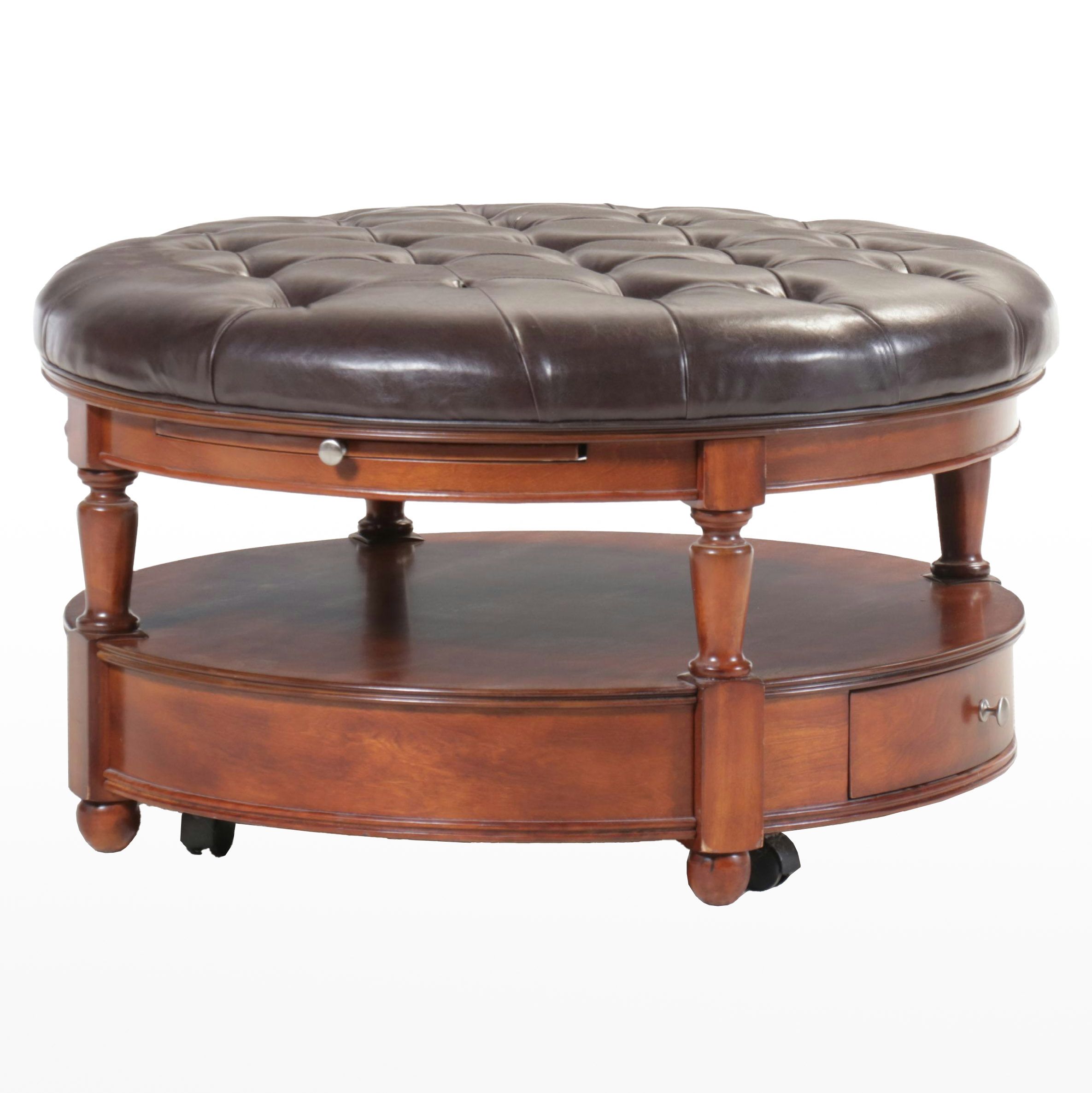 Edwardian Style Two-Tier Tufted Faux Leather Ottoman Coffee Table