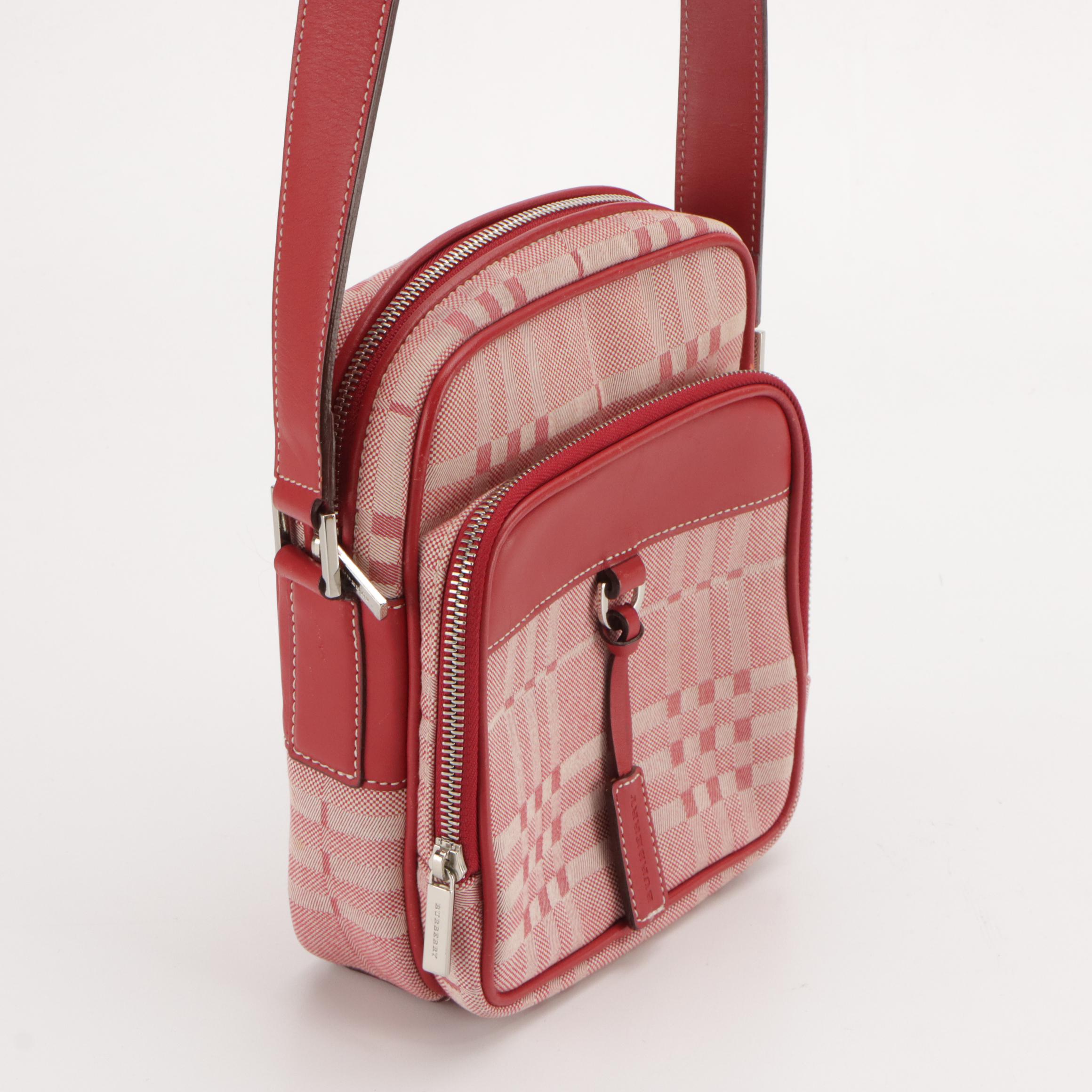 Burberry Crossbody Bag in Red Check Nylon Canvas and Leather Trim