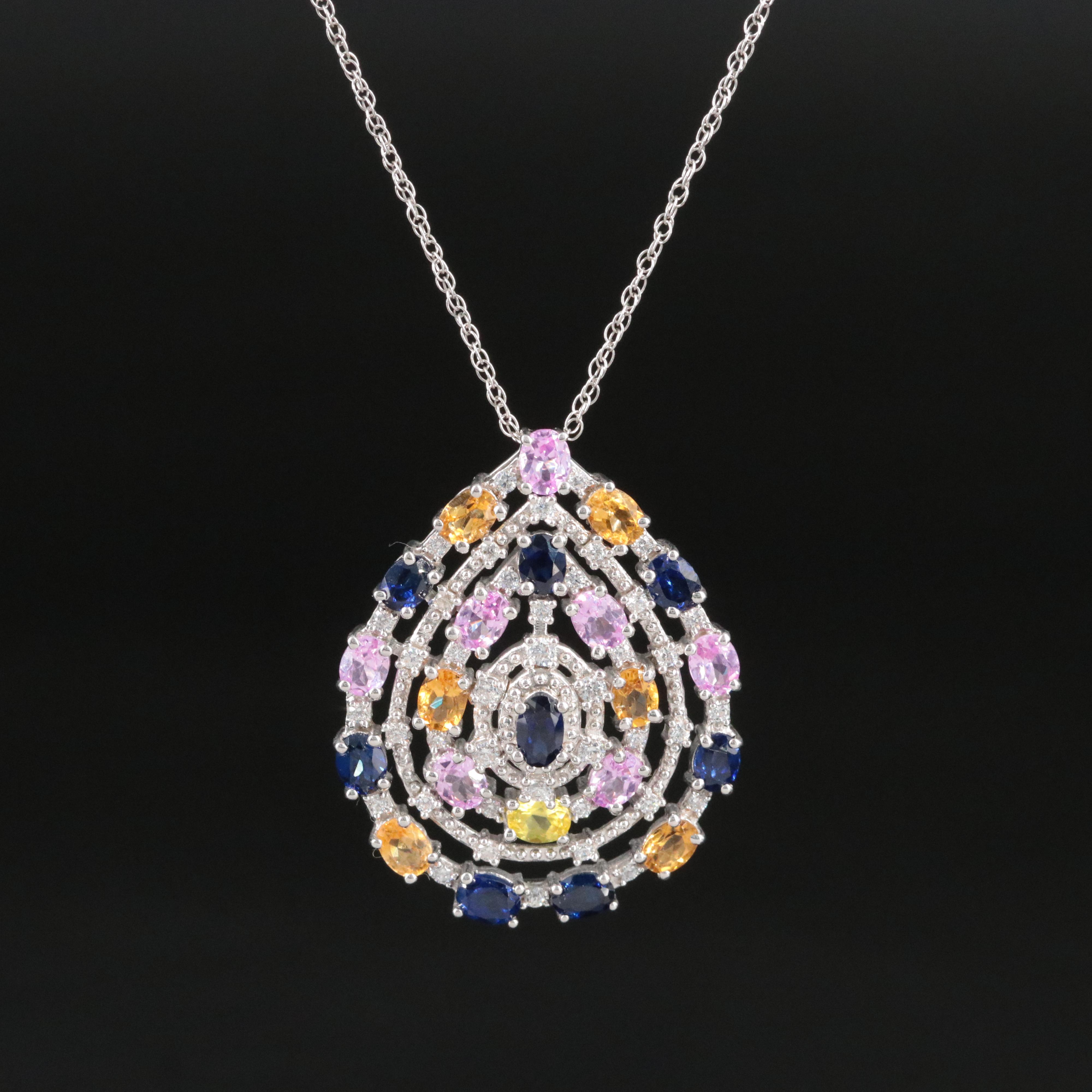 Sterling Sapphire, Citrine and Cubic Zirconia Pear Pendant Necklace