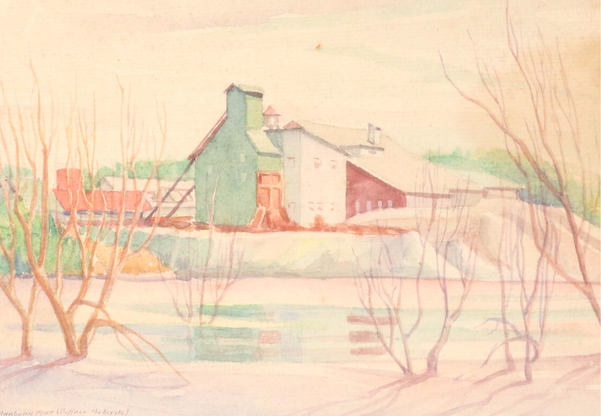 American Winter Watercolor Landscape of Marbuan Mine, Buffalo, 1936