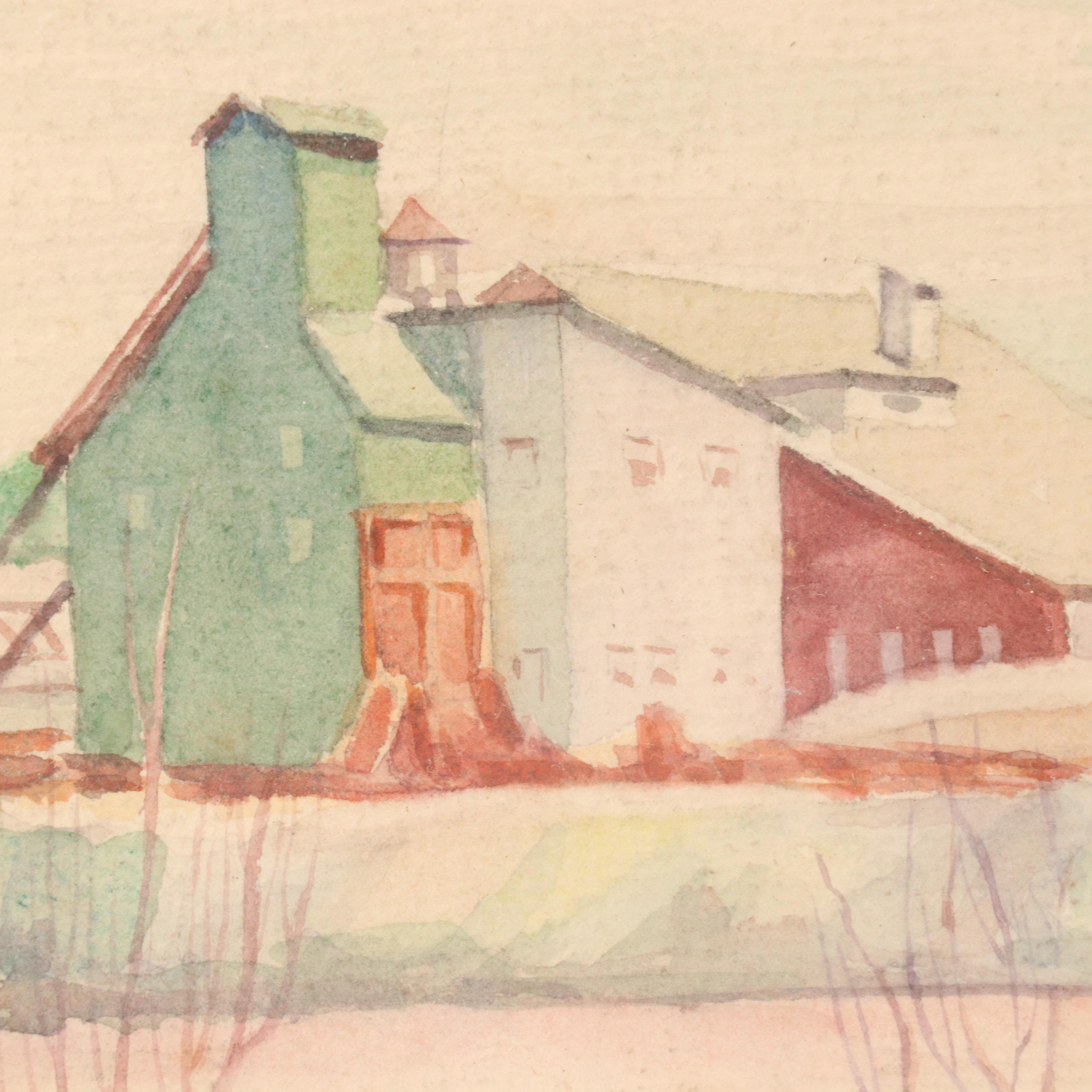 American Winter Watercolor Landscape of Marbuan Mine, Buffalo, 1936