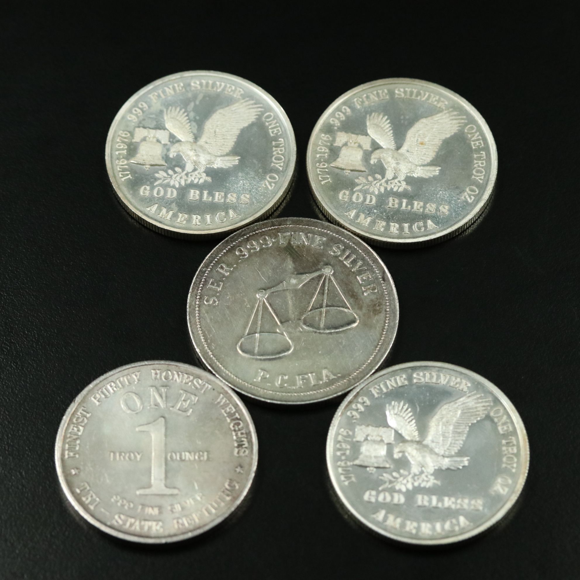 Five Uncirculated One Ounce .999 Silver Rounds