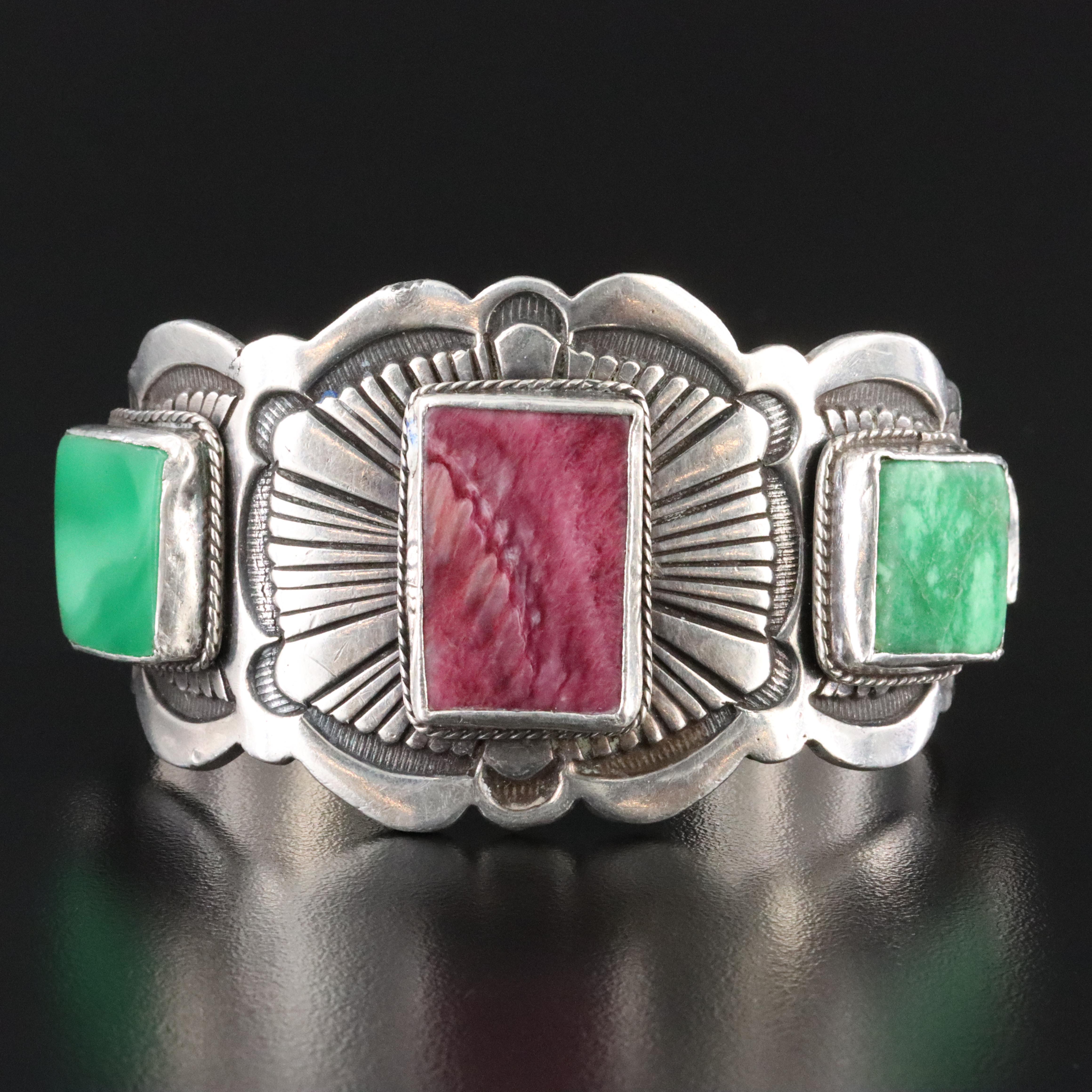 Southwestern Signed Sterling Gemstone Sandcast Bracelet