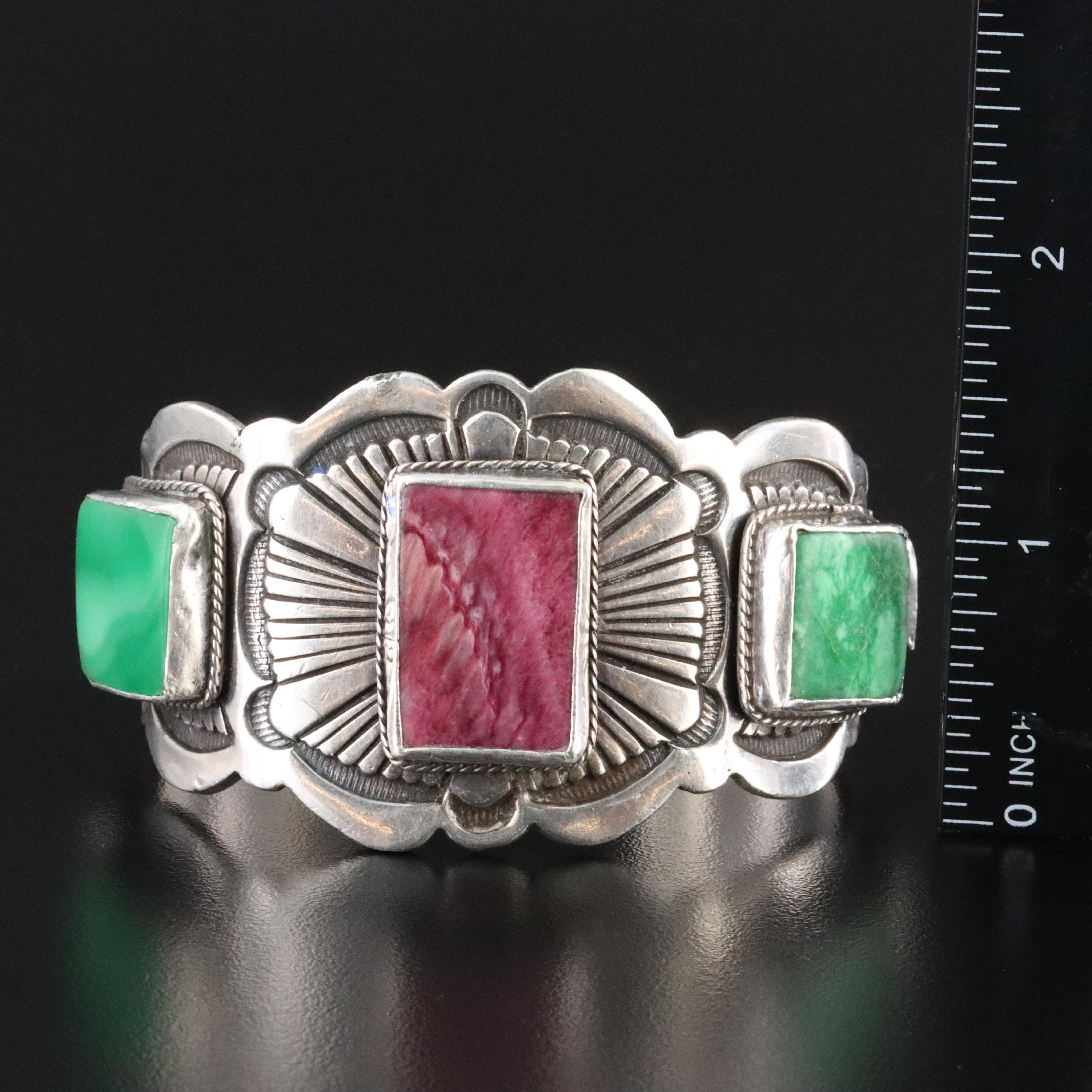 Southwestern Signed Sterling Gemstone Sandcast Bracelet