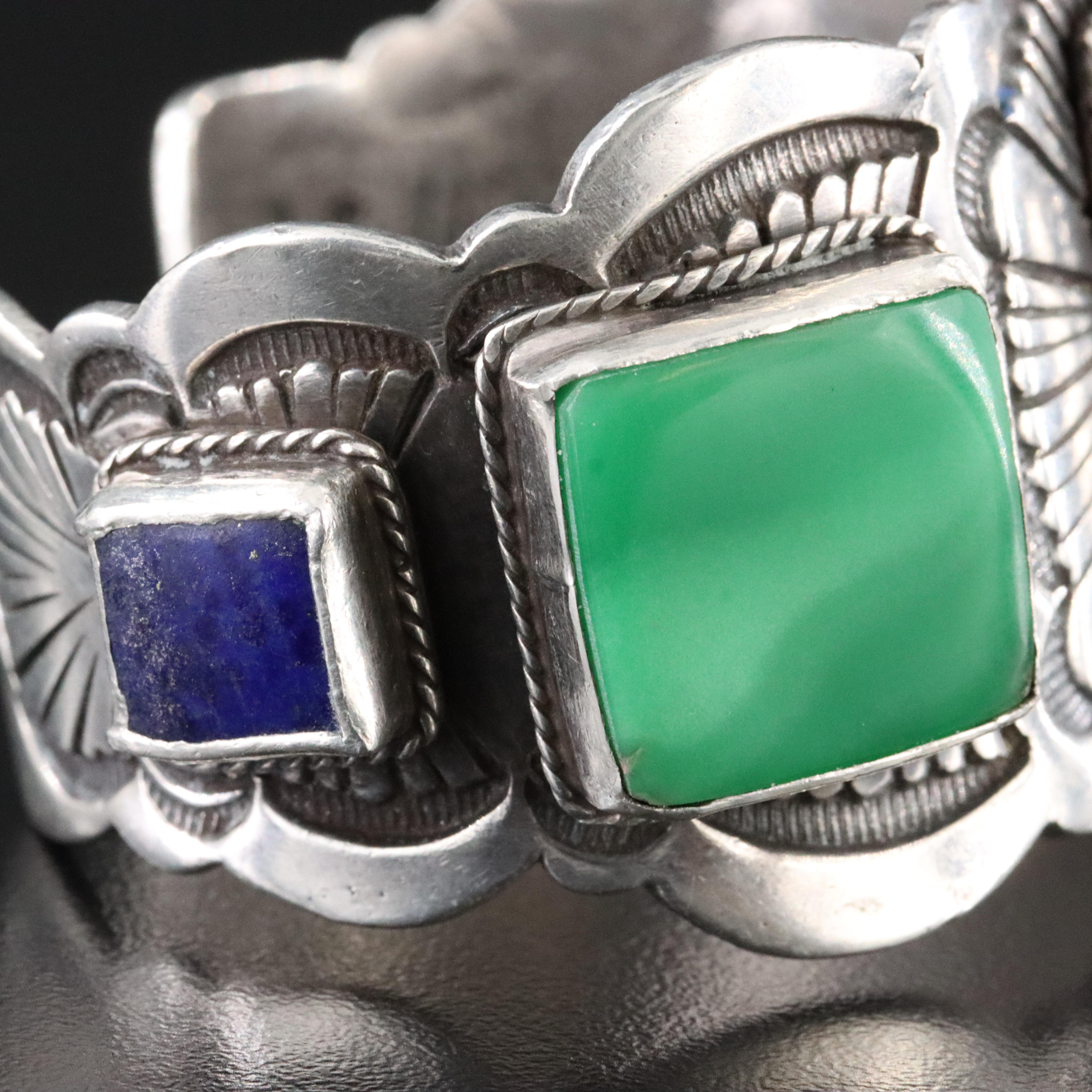 Southwestern Signed Sterling Gemstone Sandcast Bracelet