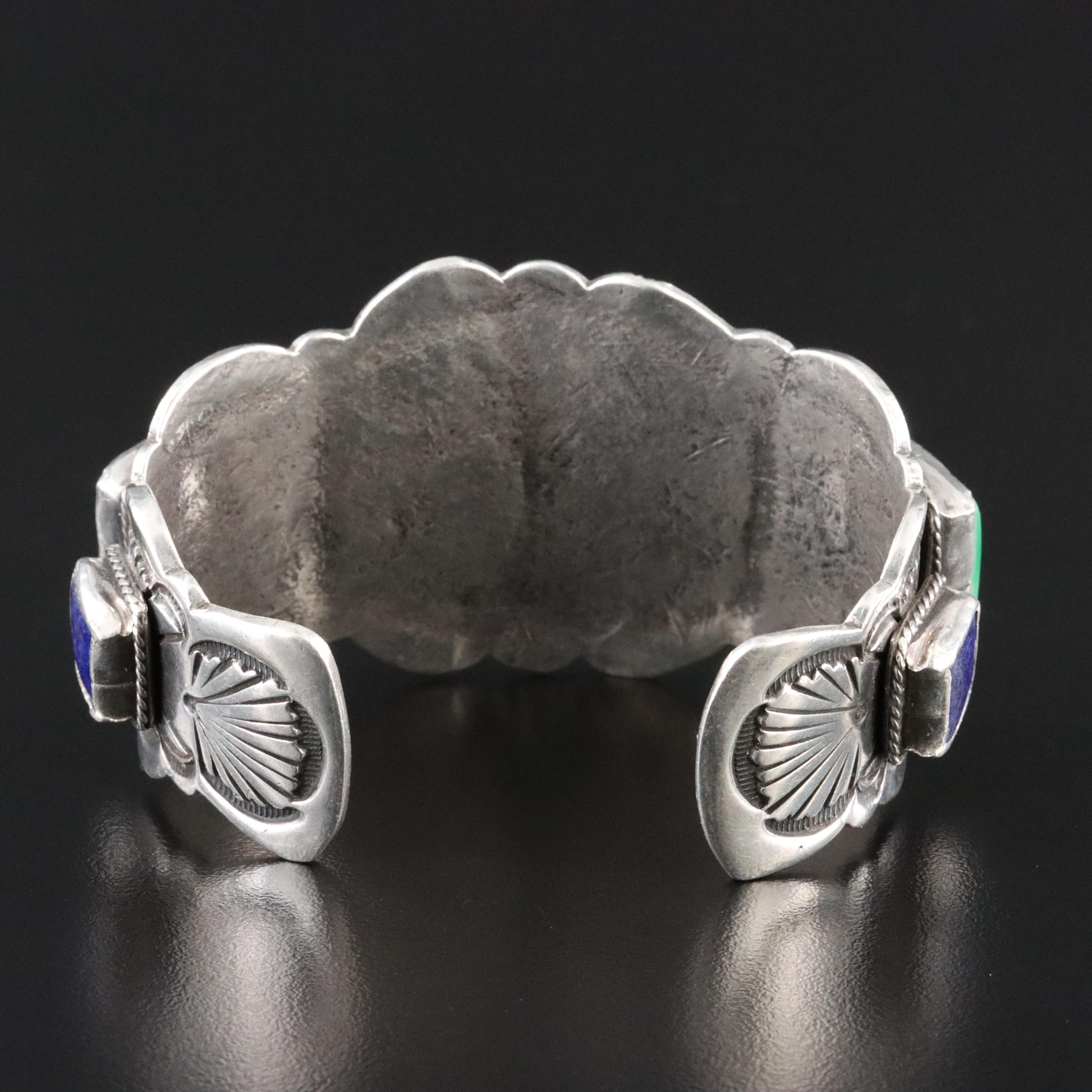 Southwestern Signed Sterling Gemstone Sandcast Bracelet