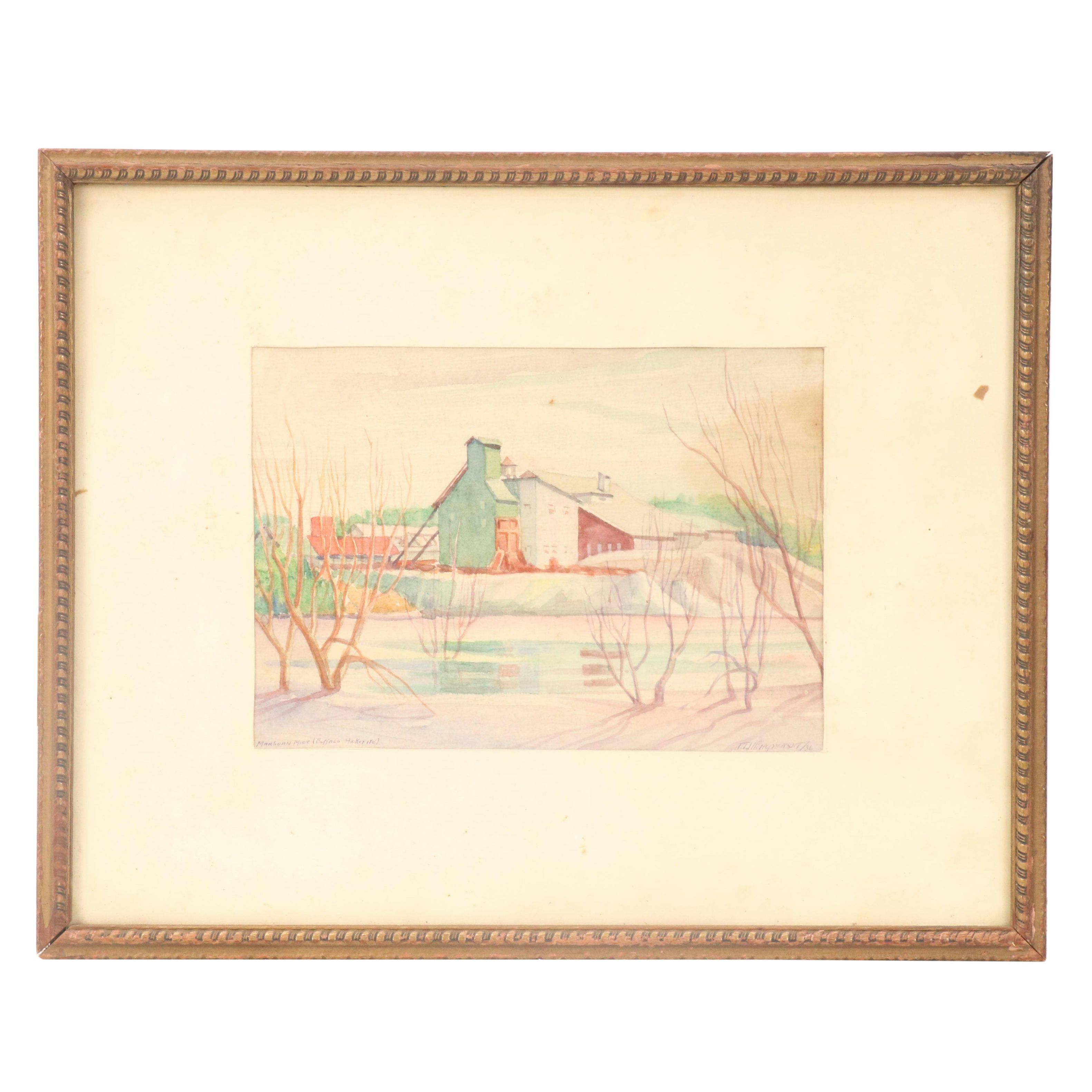 American Winter Watercolor Landscape of Marbuan Mine, Buffalo, 1936