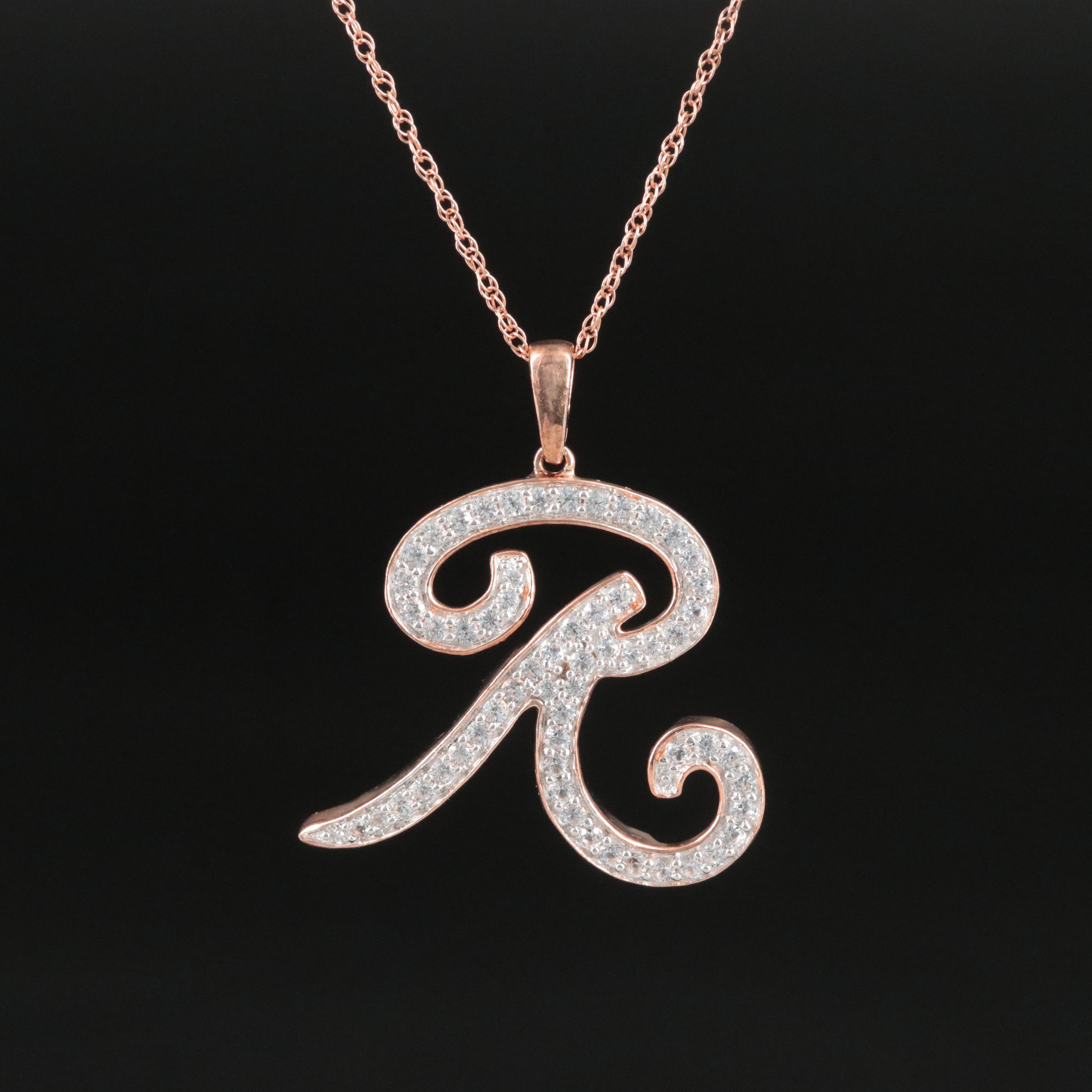 Sterling White Sapphire "R" Pendant Necklace Leather