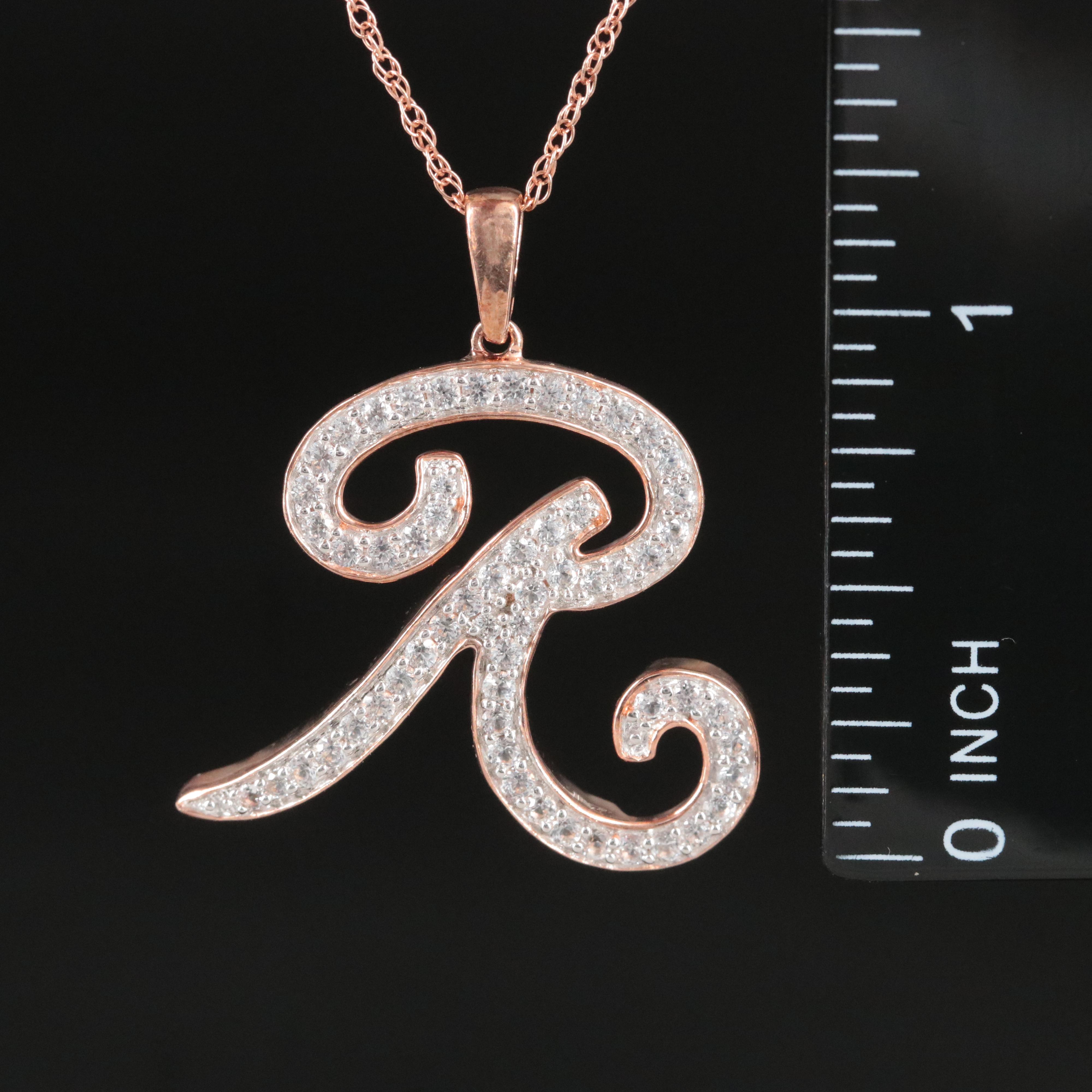 Sterling White Sapphire "R" Pendant Necklace Leather