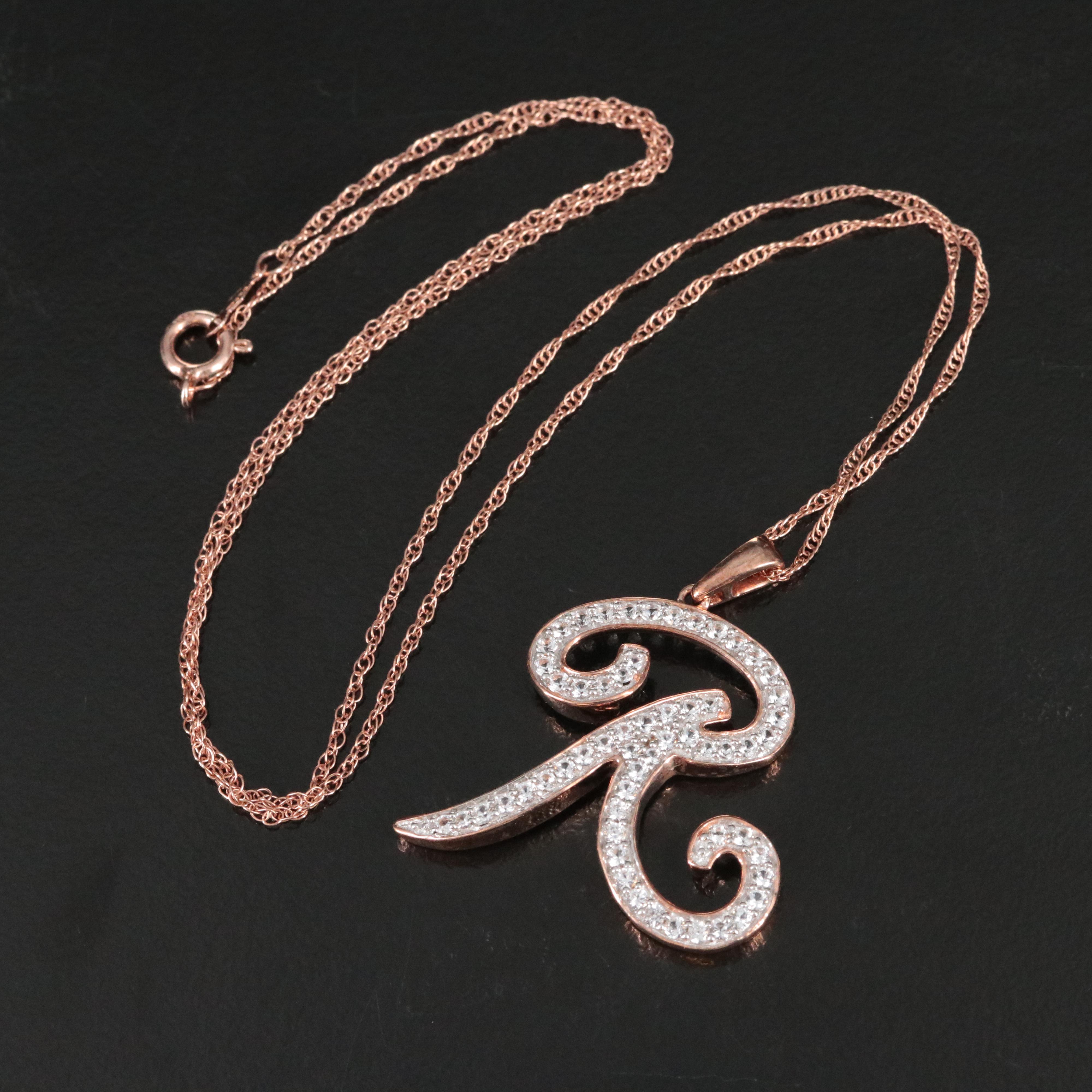 Sterling White Sapphire "R" Pendant Necklace Leather