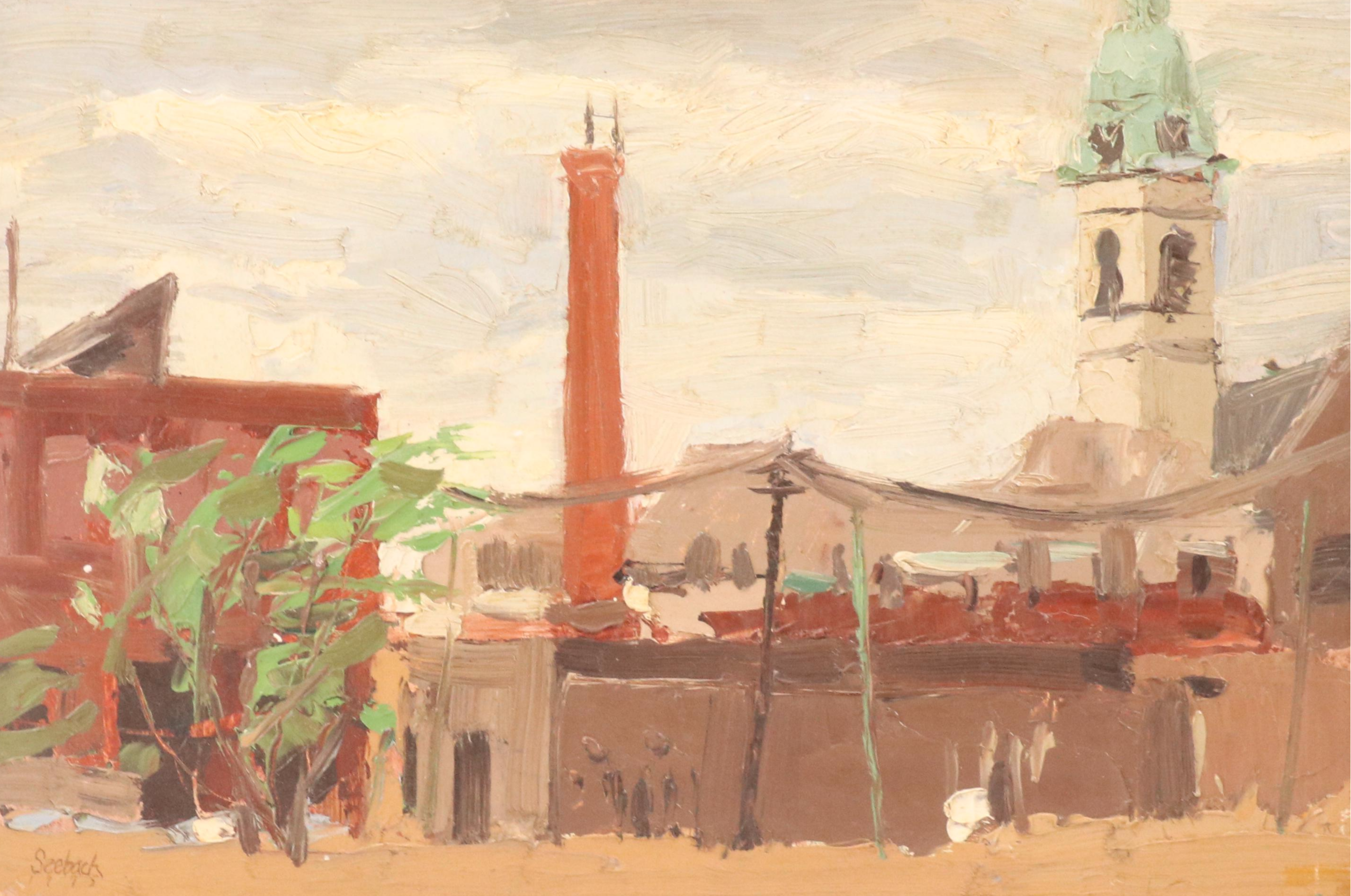 Lee Seebach Cityscape Oil Painting "Smoke Stack - Chicago," 1975