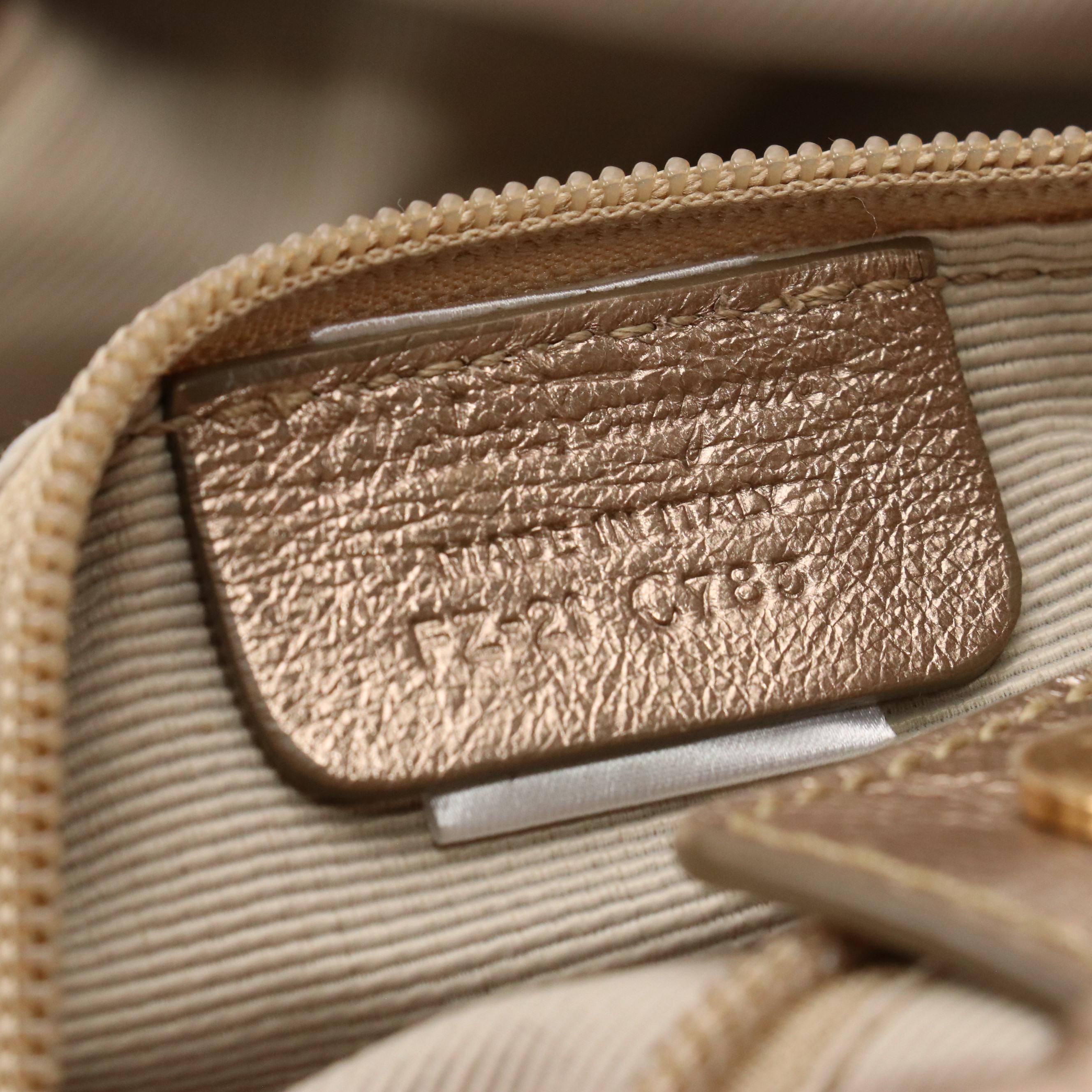 Salvatore Ferragamo Vara Bow Double Pocket Satchel in Metallic Gold Leather