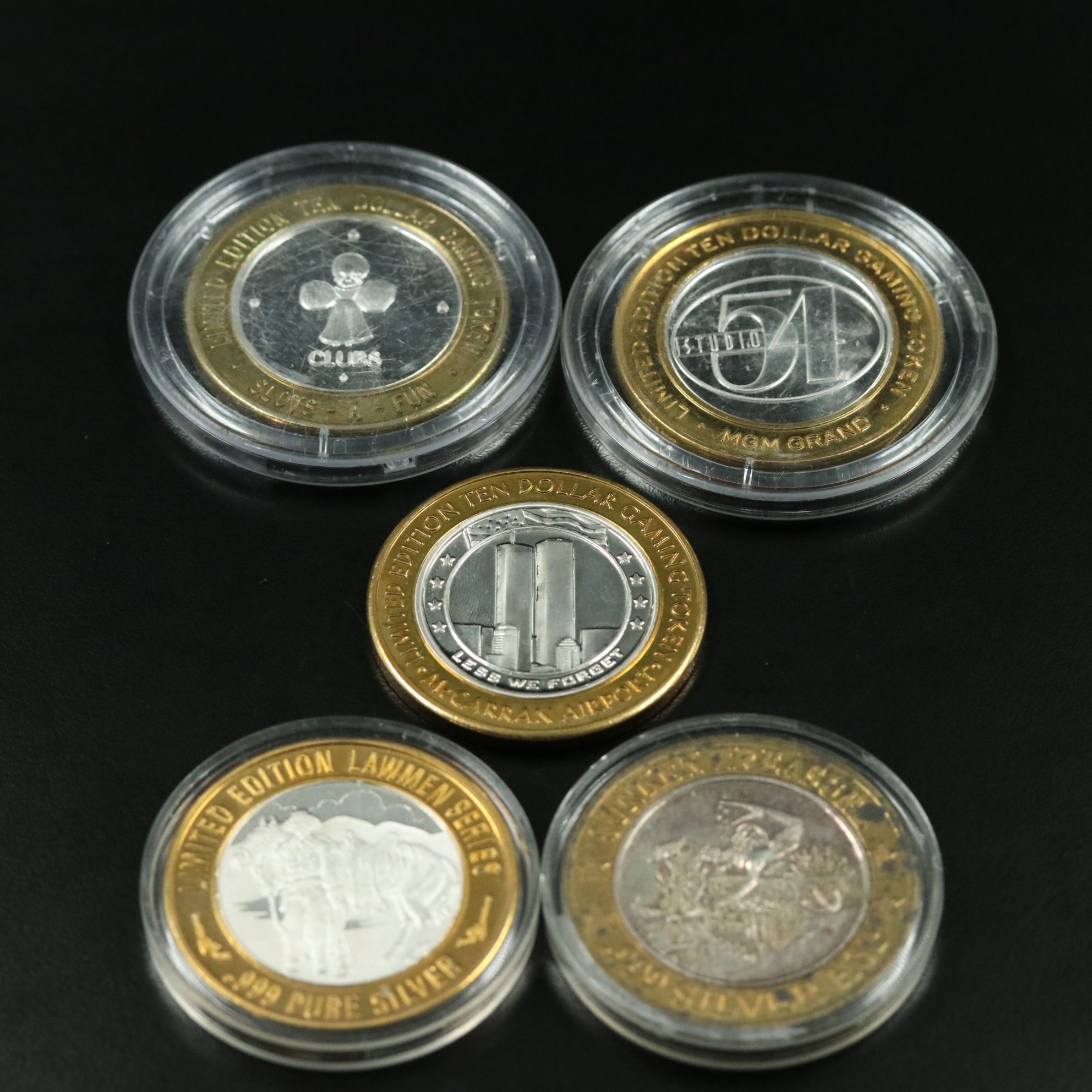 Five Ten Dollar Casino Tokens with .999 Silver Centers