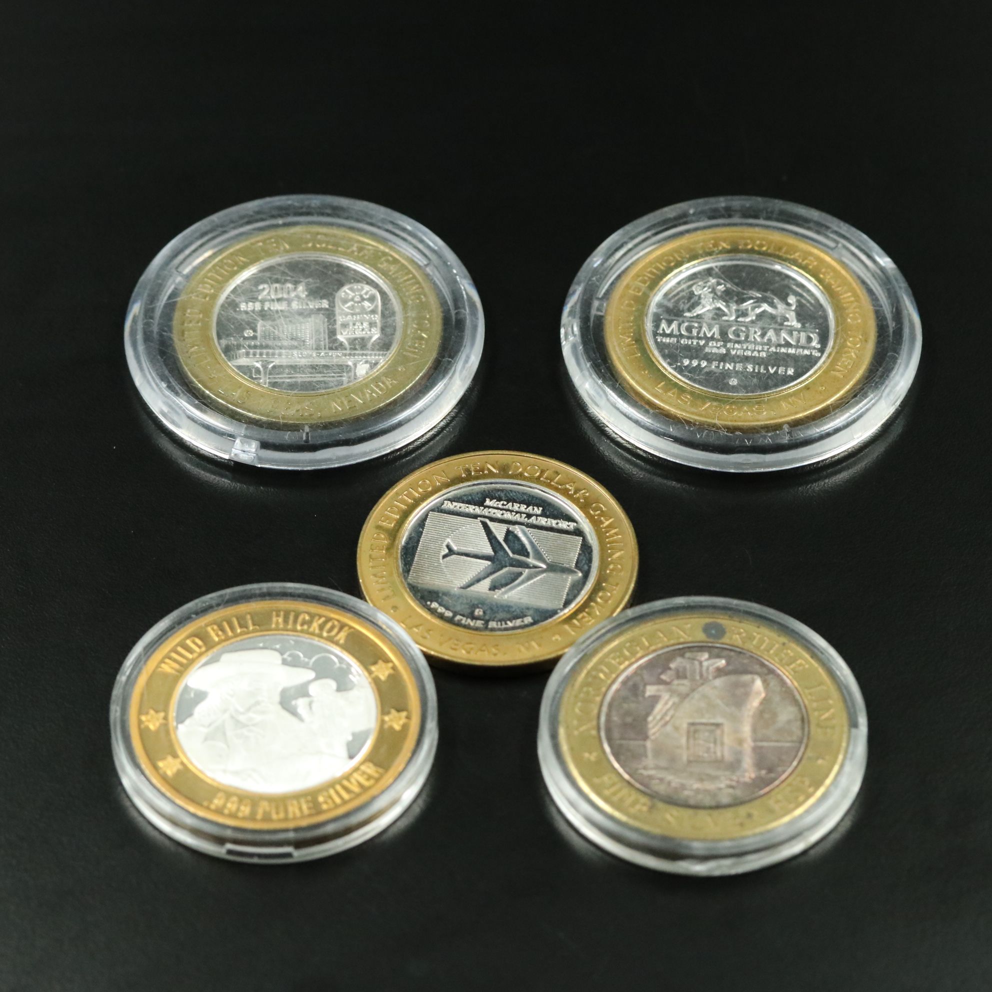 Five Ten Dollar Casino Tokens with .999 Silver Centers