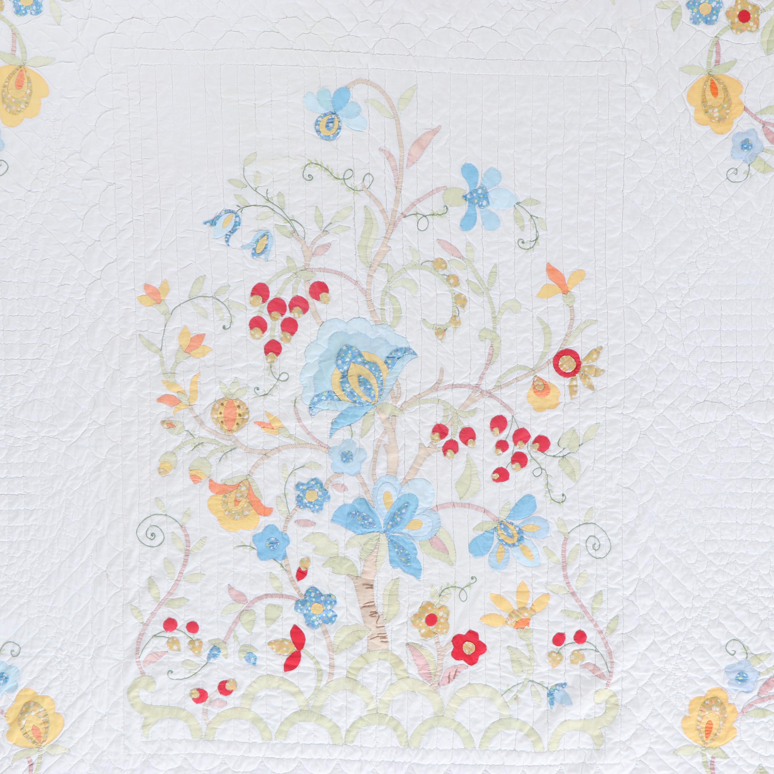 Hand-Pieced Applique on Whole Cloth "Tree of Life" Floral Quilt