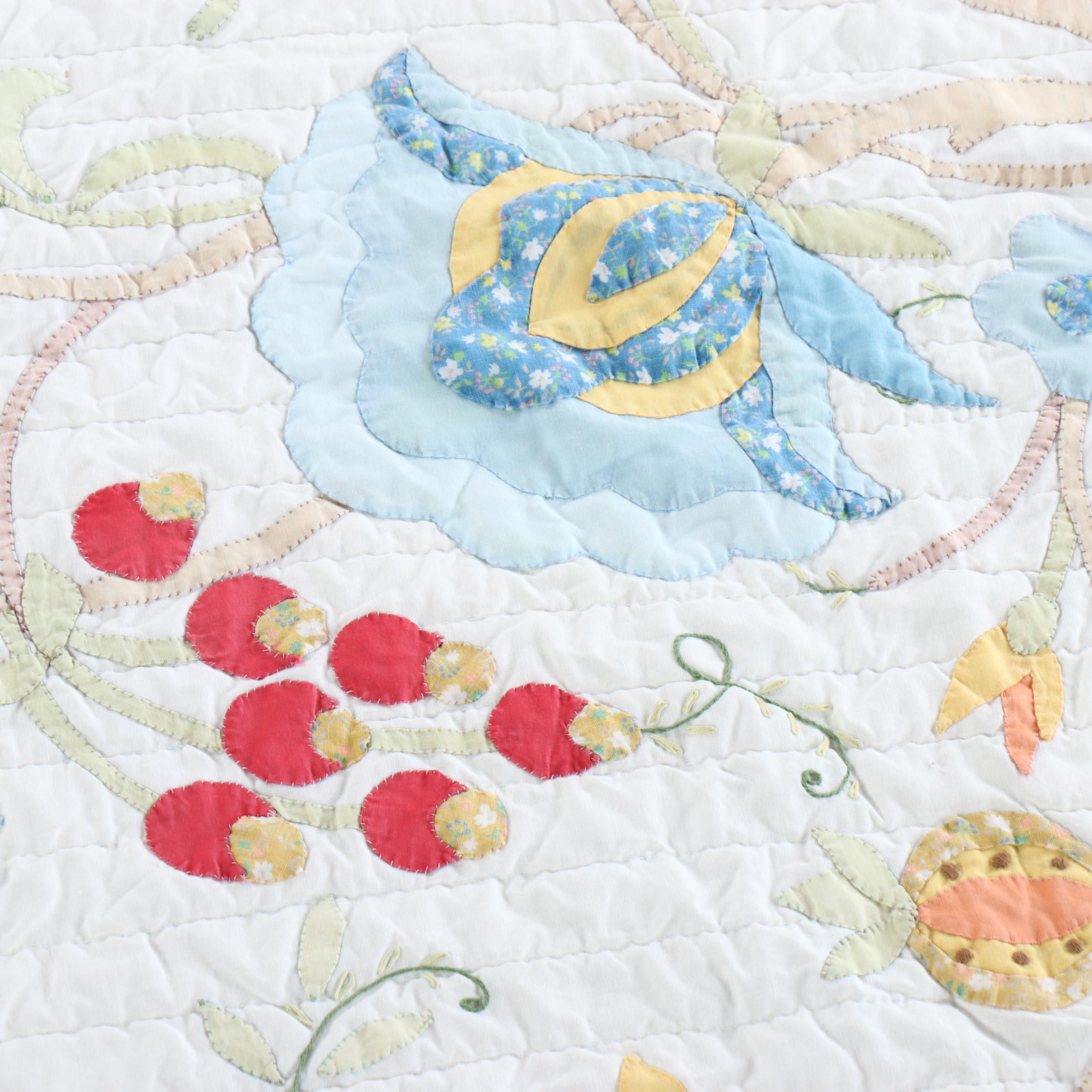 Hand-Pieced Applique on Whole Cloth "Tree of Life" Floral Quilt