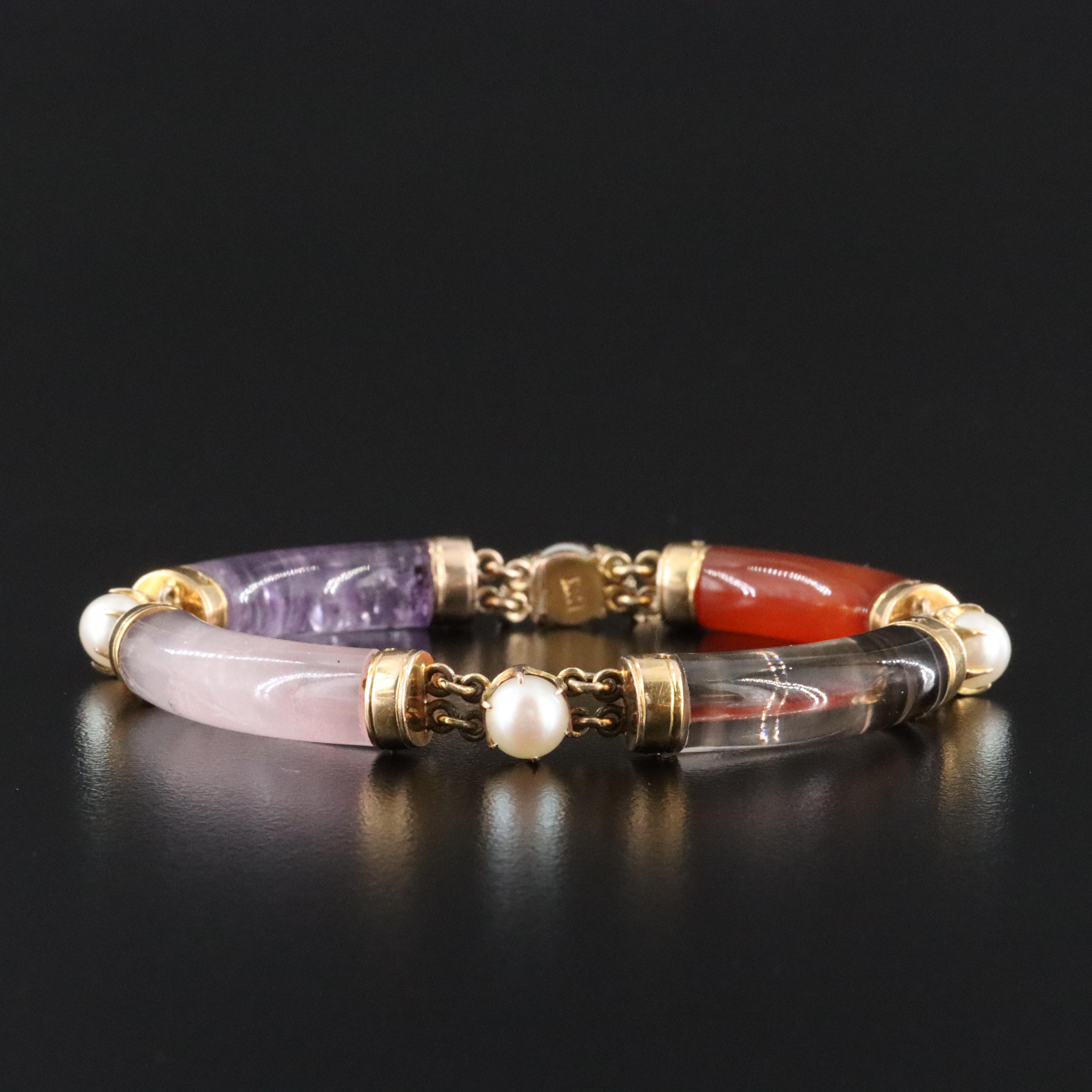 14K Gemstone Bracelet Featuring Agate, Amethyst, and Pearls