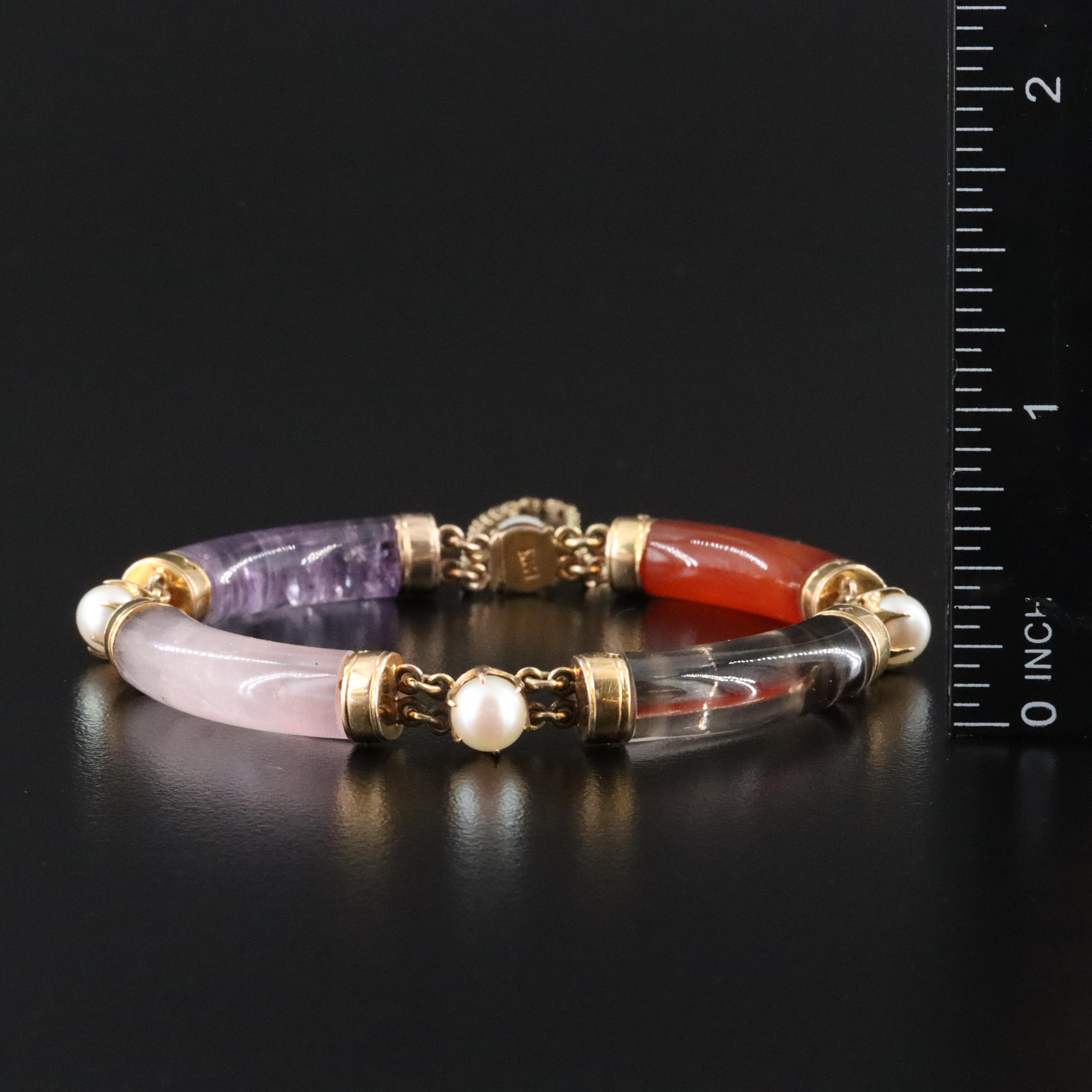 14K Gemstone Bracelet Featuring Agate, Amethyst, and Pearls