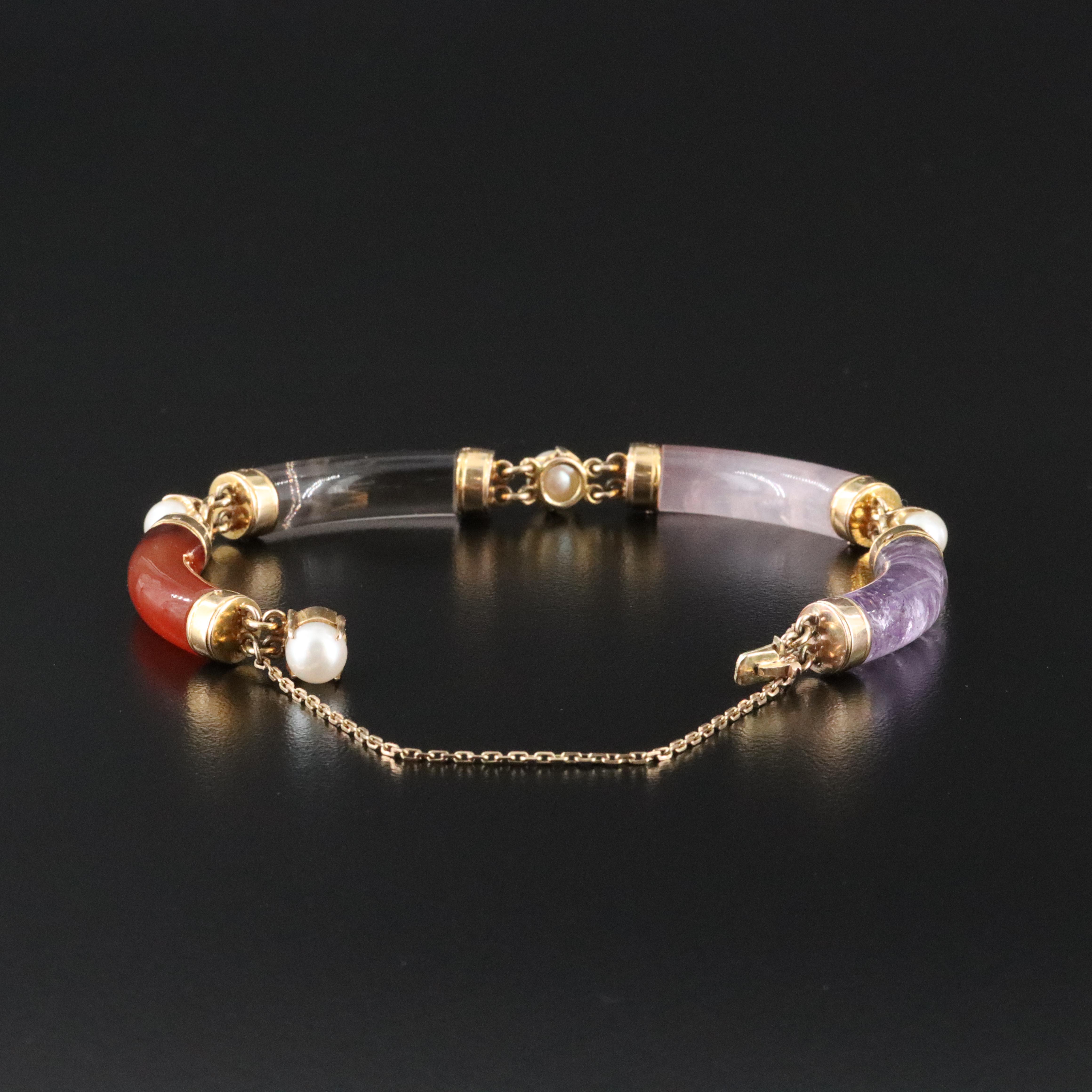 14K Gemstone Bracelet Featuring Agate, Amethyst, and Pearls