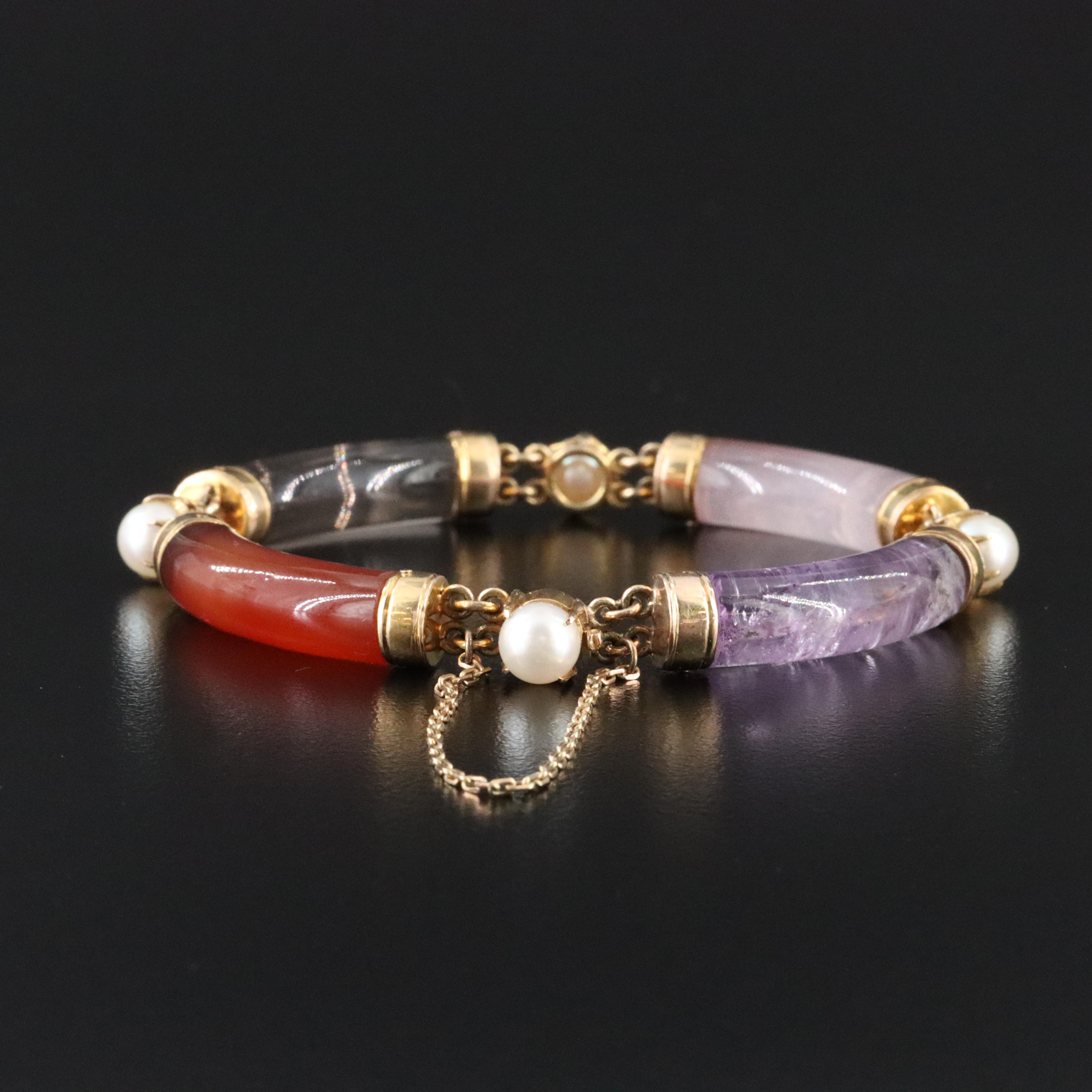 14K Gemstone Bracelet Featuring Agate, Amethyst, and Pearls