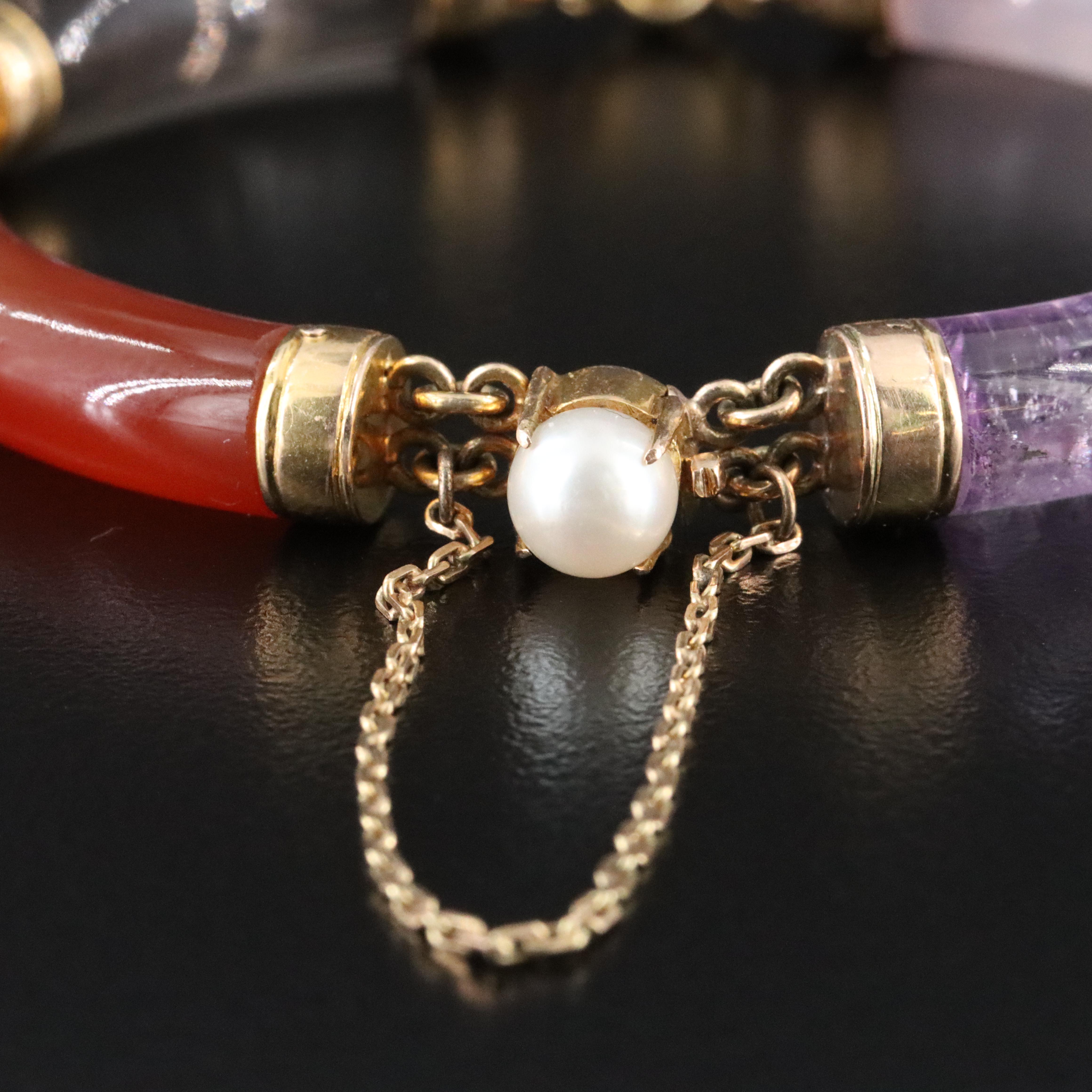 14K Gemstone Bracelet Featuring Agate, Amethyst, and Pearls