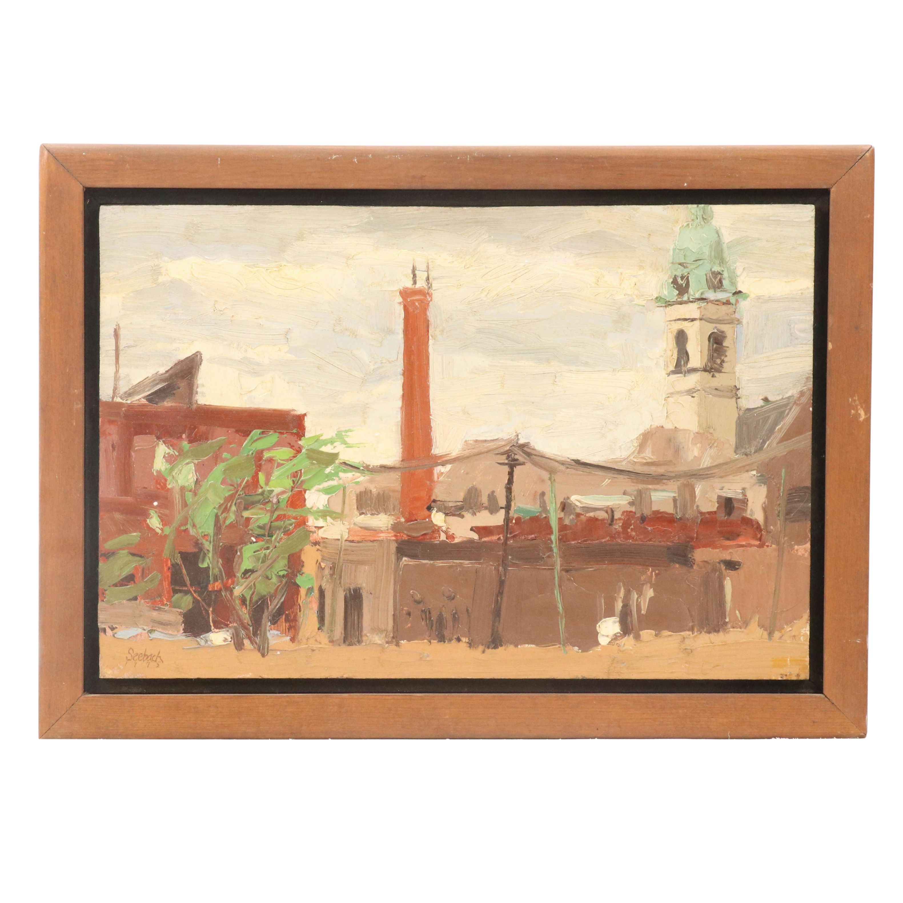 Lee Seebach Cityscape Oil Painting "Smoke Stack - Chicago," 1975