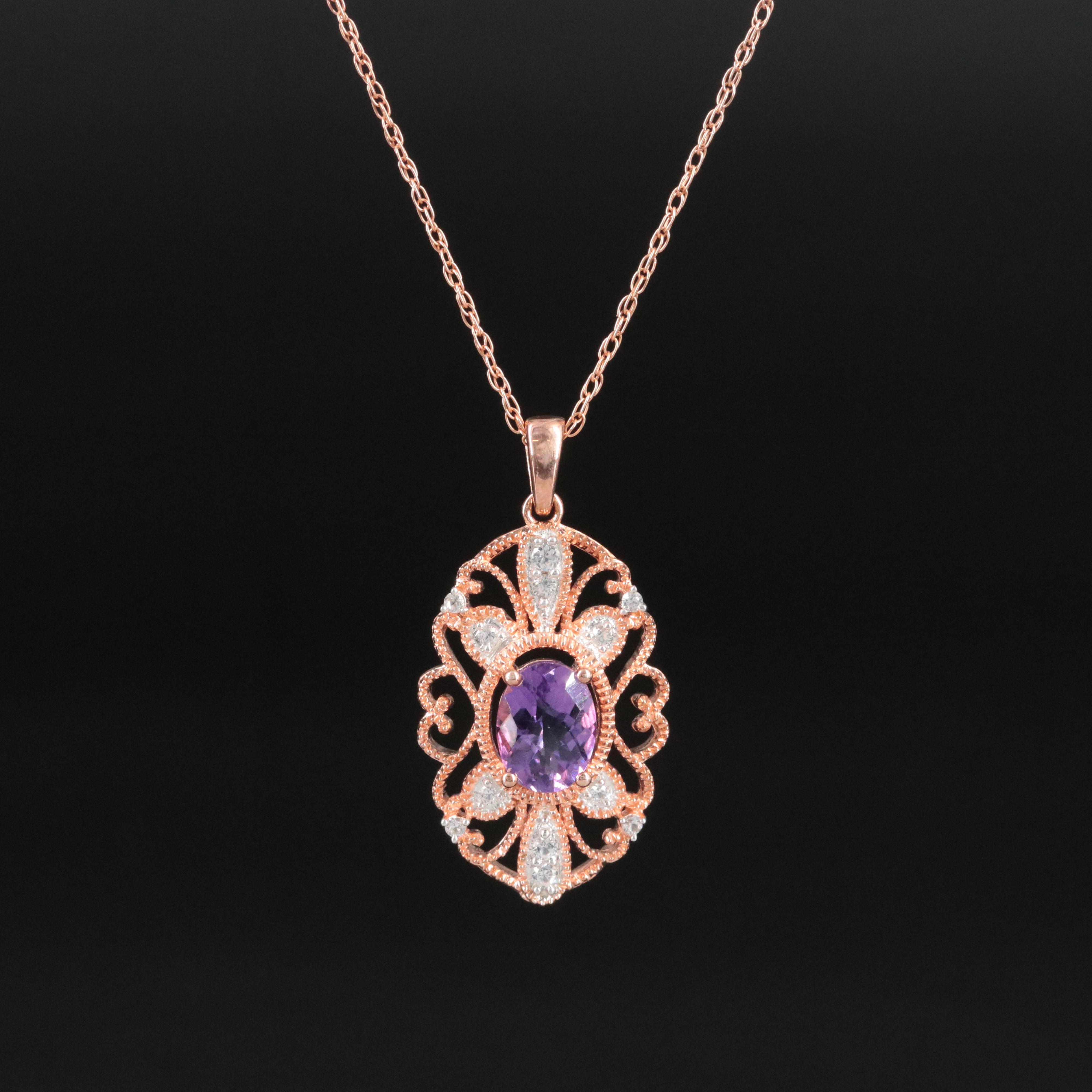 Amethyst and White Sapphire Rose Tone Pendant Necklace