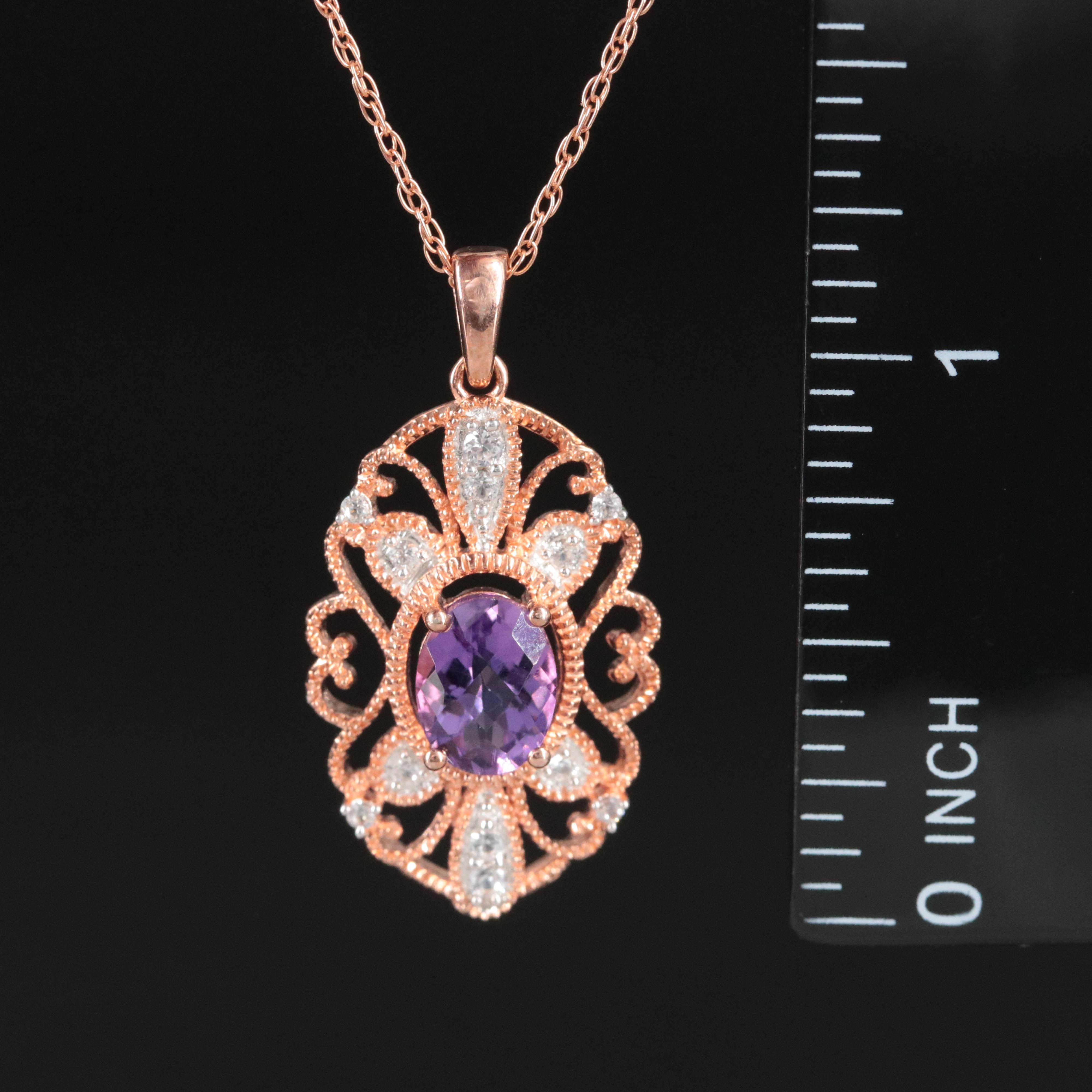 Amethyst and White Sapphire Rose Tone Pendant Necklace