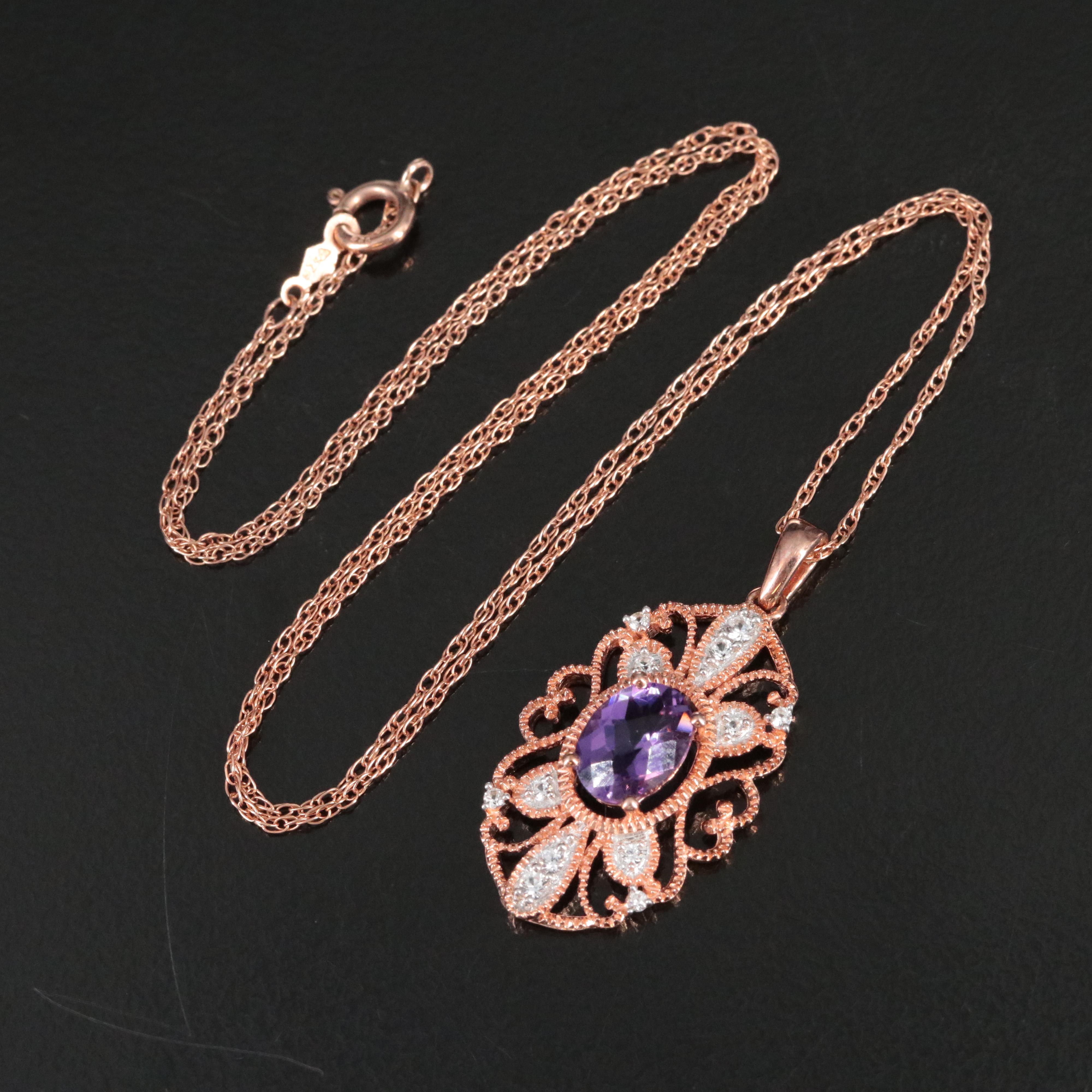 Amethyst and White Sapphire Rose Tone Pendant Necklace