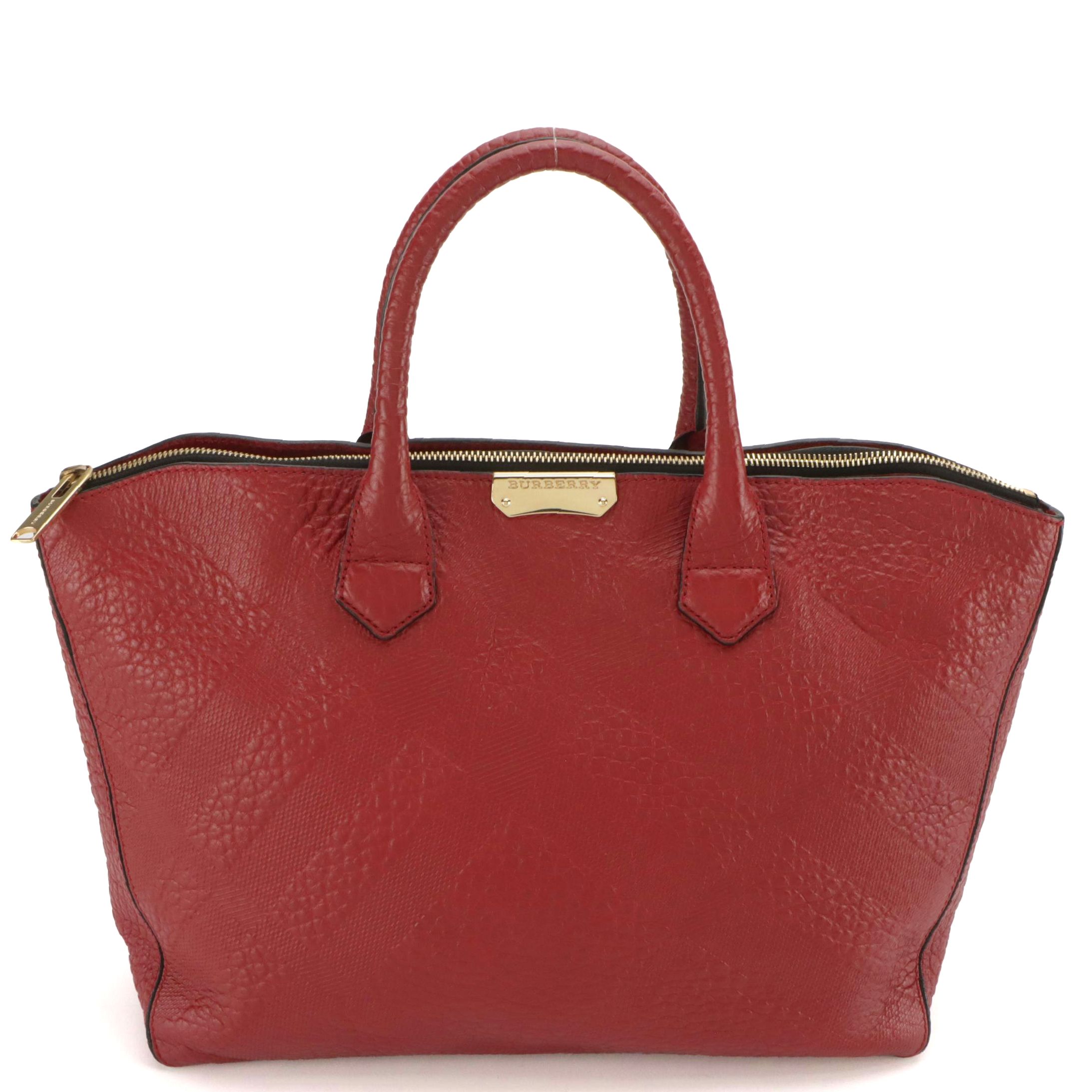 Burberry Two-Way Zip Tote in Cherry Red Check Embossed Leather