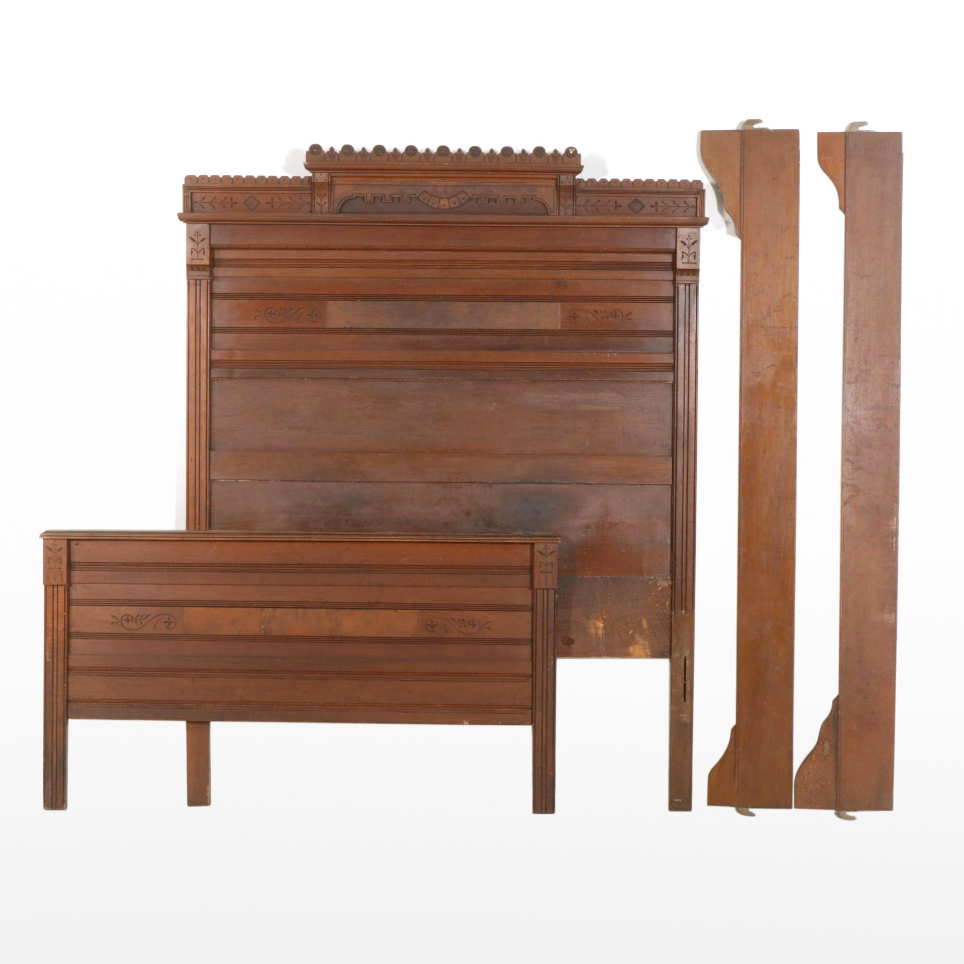 Eastlake Style Carved Walnut  Full Size Bed Frame, Early 20th Century