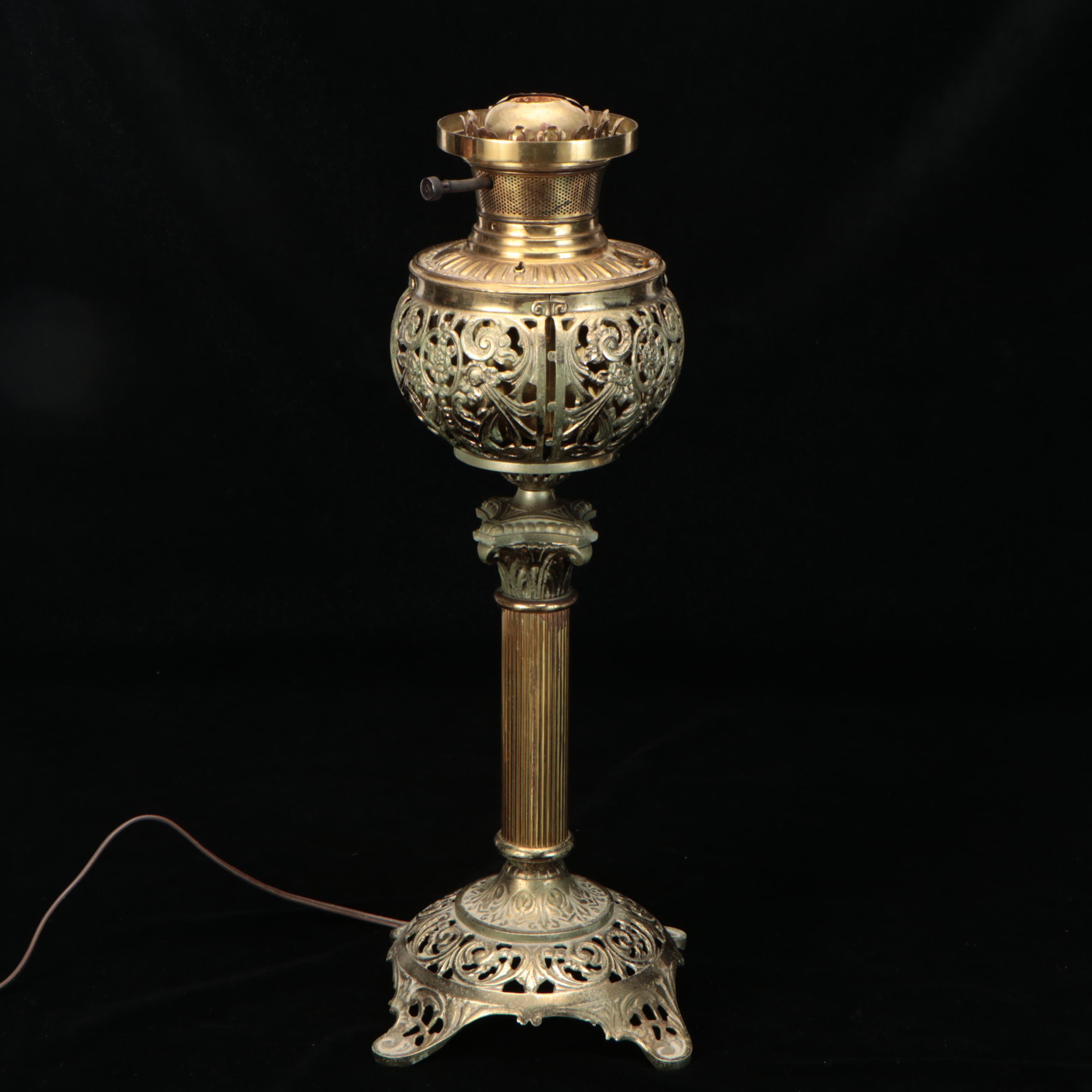 Victorian Bradley & Hubbard Brass Banquet Oil Lamp, Antique and Adapted 20th C.