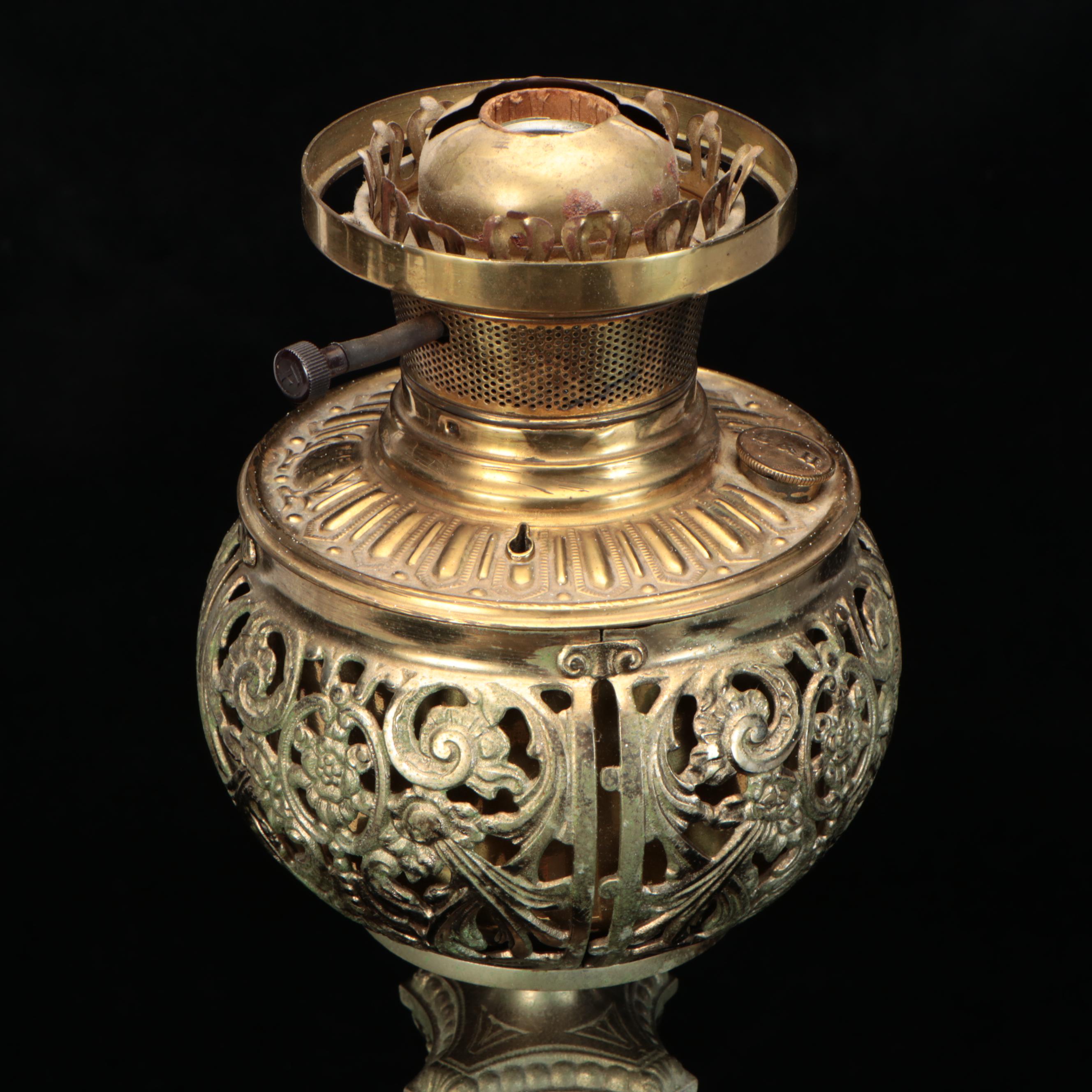 Victorian Bradley & Hubbard Brass Banquet Oil Lamp, Antique and Adapted 20th C.