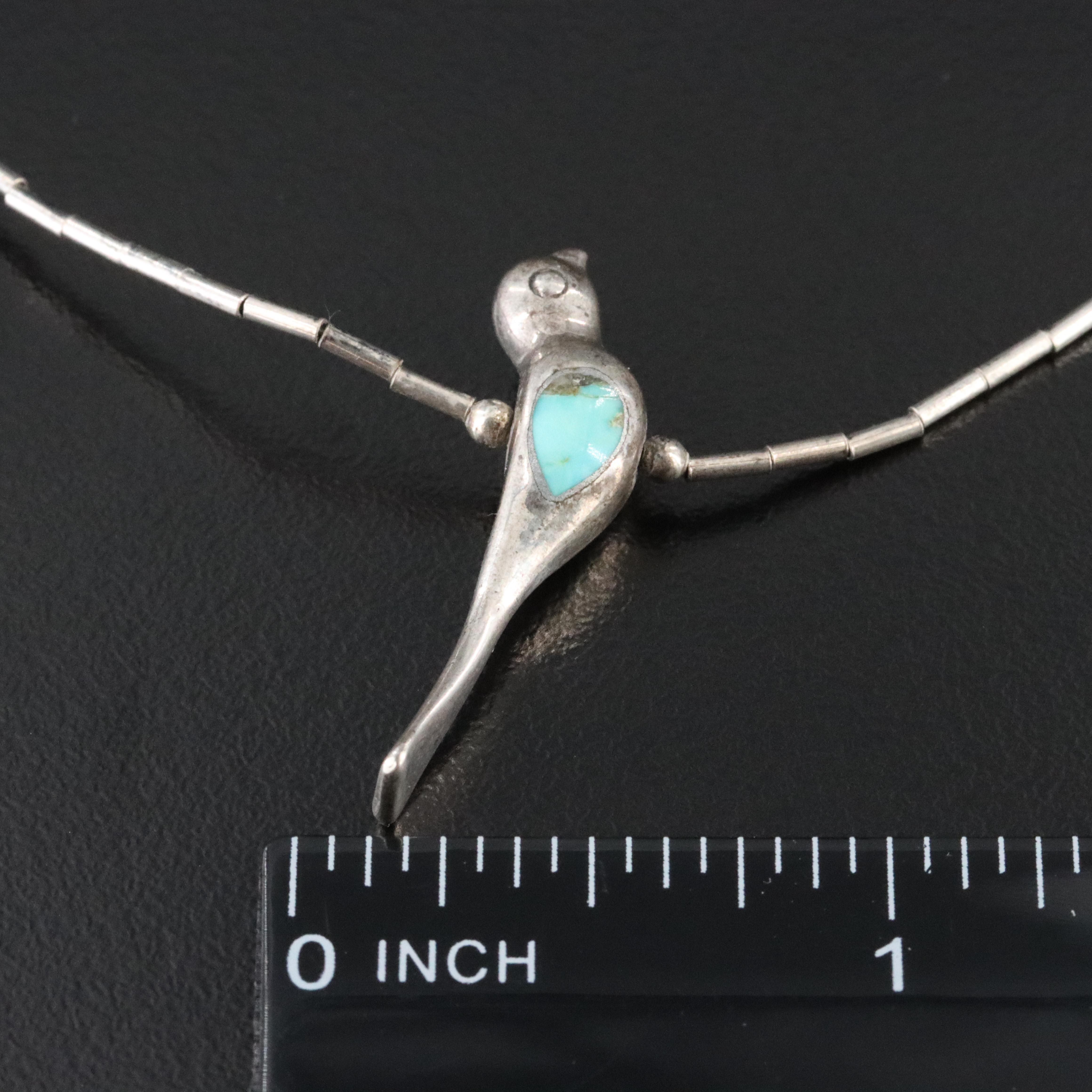 Sterling Faux Turquoise Bird Fetish Pendant on Liquid Silver Necklace