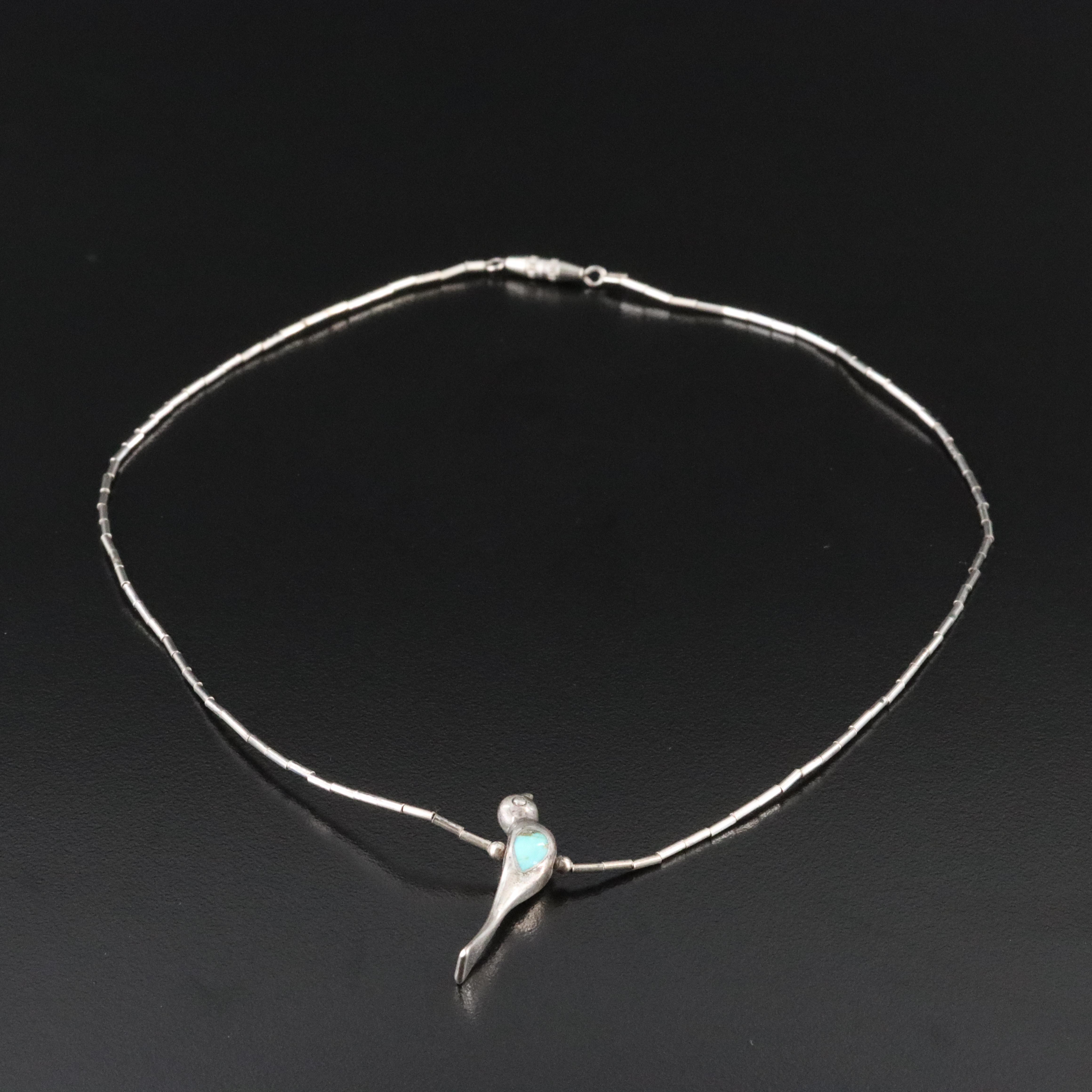 Sterling Faux Turquoise Bird Fetish Pendant on Liquid Silver Necklace