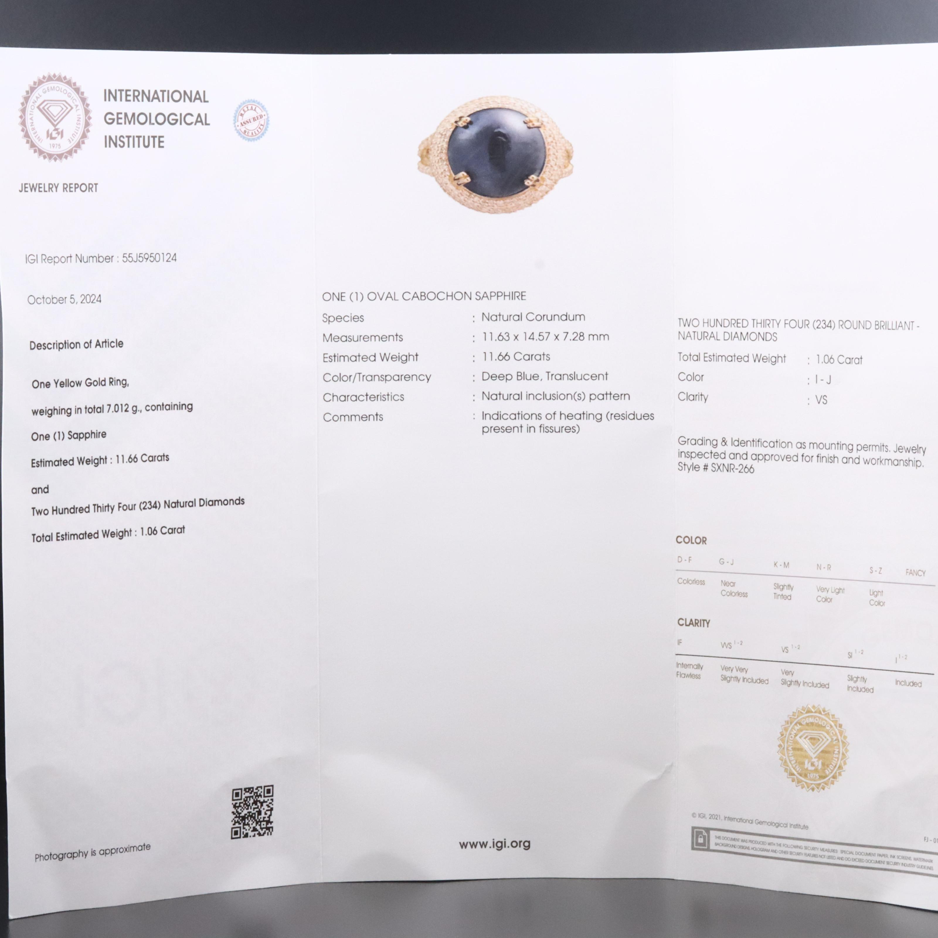 14K 11.66 CT Sapphire and 1.06 CTW Diamond Ring with IGI Report