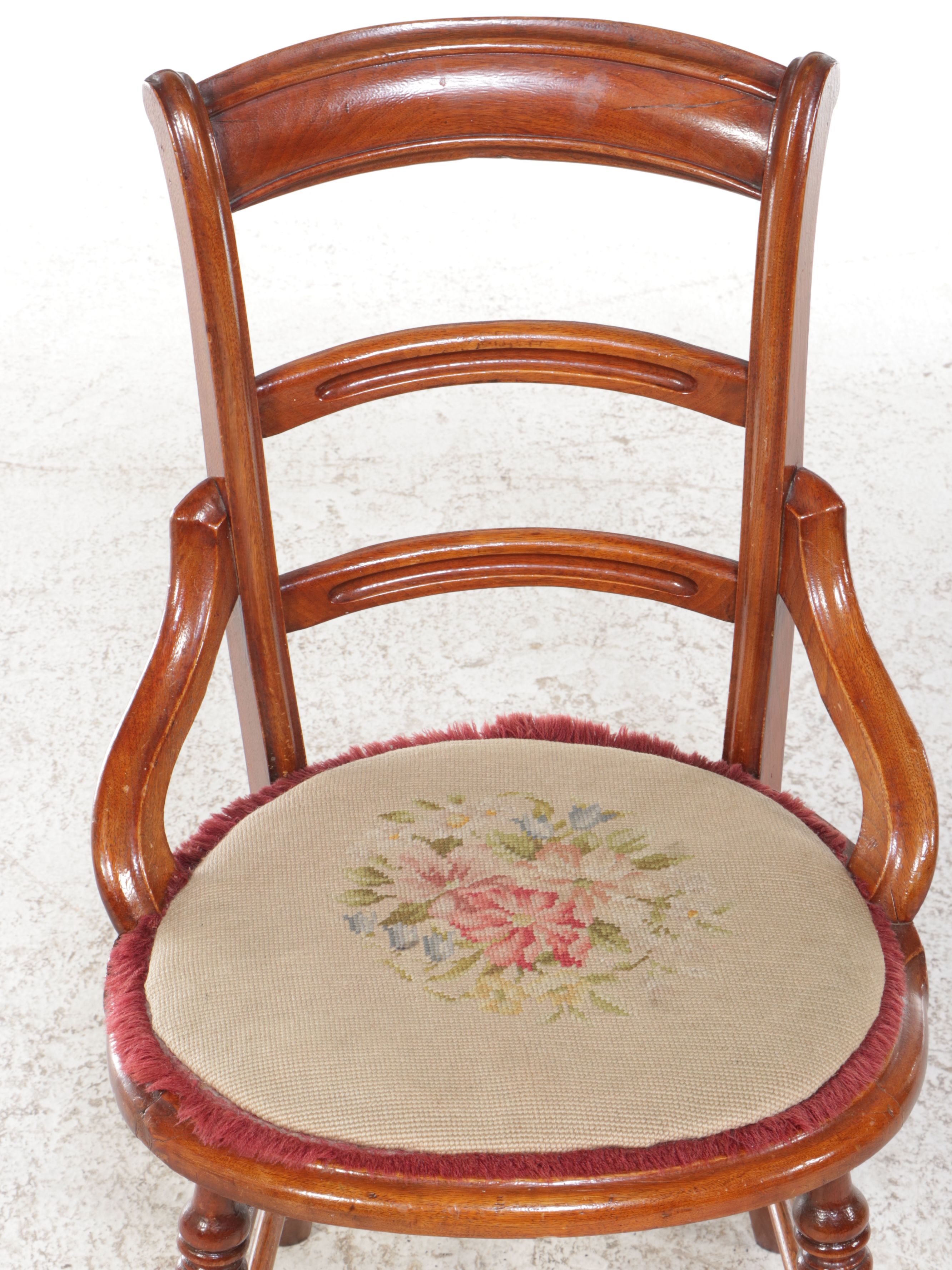 Victorian Needlepoint Walnut Ladderback Side Chair, Late 19th/ Early 20th C.