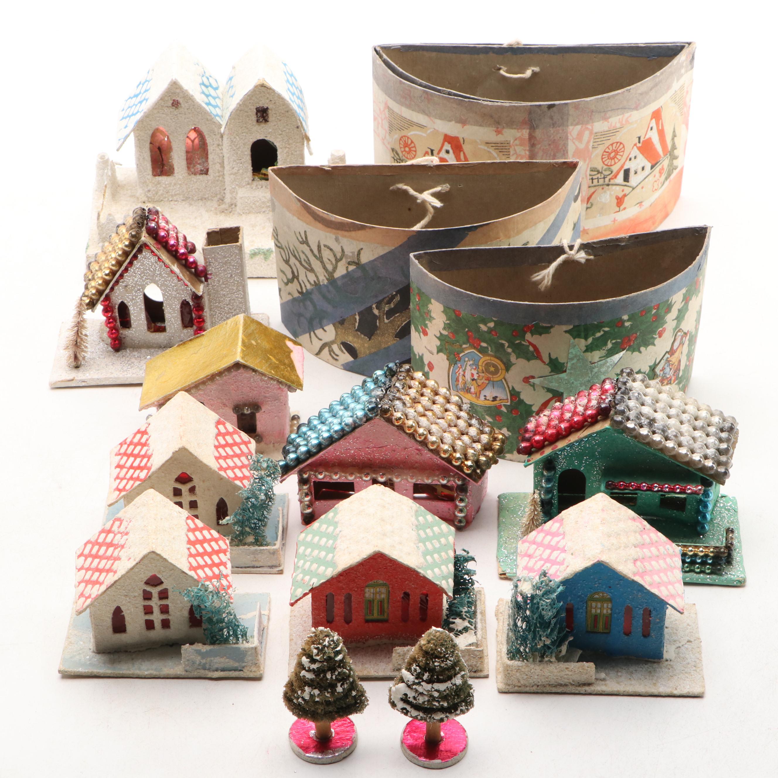 Christmas Miniature Cardboard Houses and Hangings, Mid-20th Century