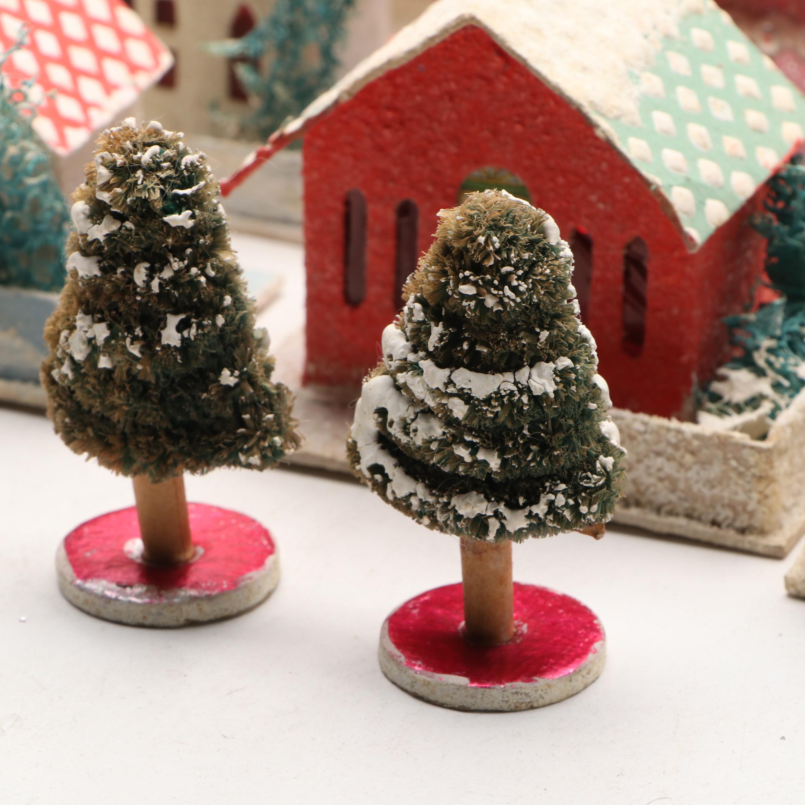 Christmas Miniature Cardboard Houses and Hangings, Mid-20th Century