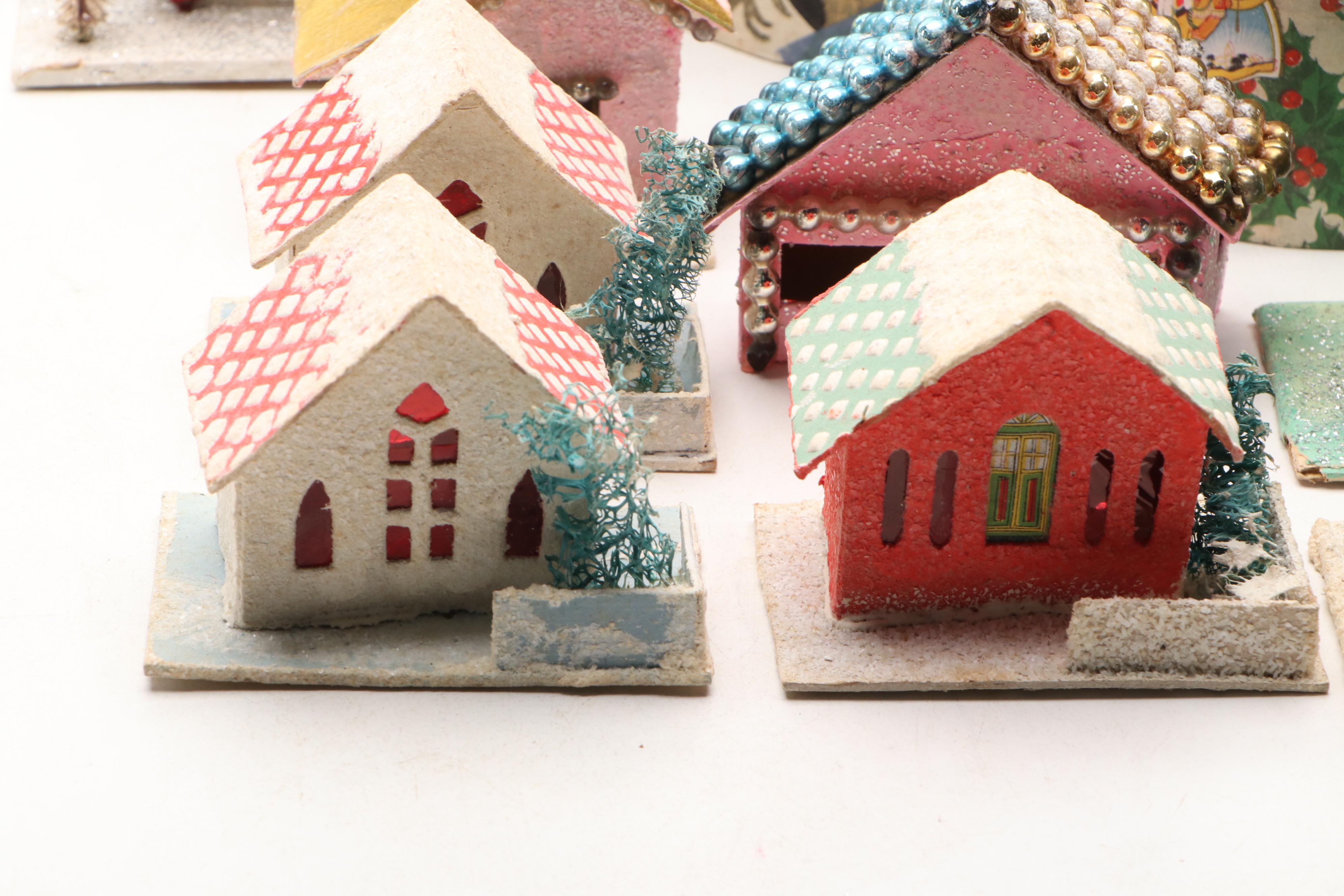 Christmas Miniature Cardboard Houses and Hangings, Mid-20th Century