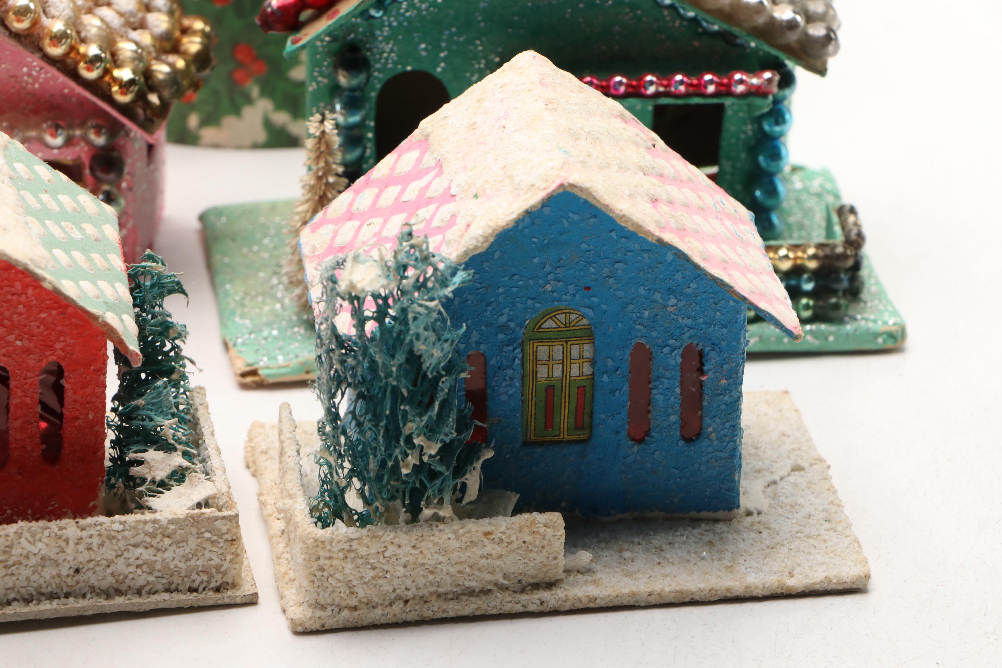 Christmas Miniature Cardboard Houses and Hangings, Mid-20th Century
