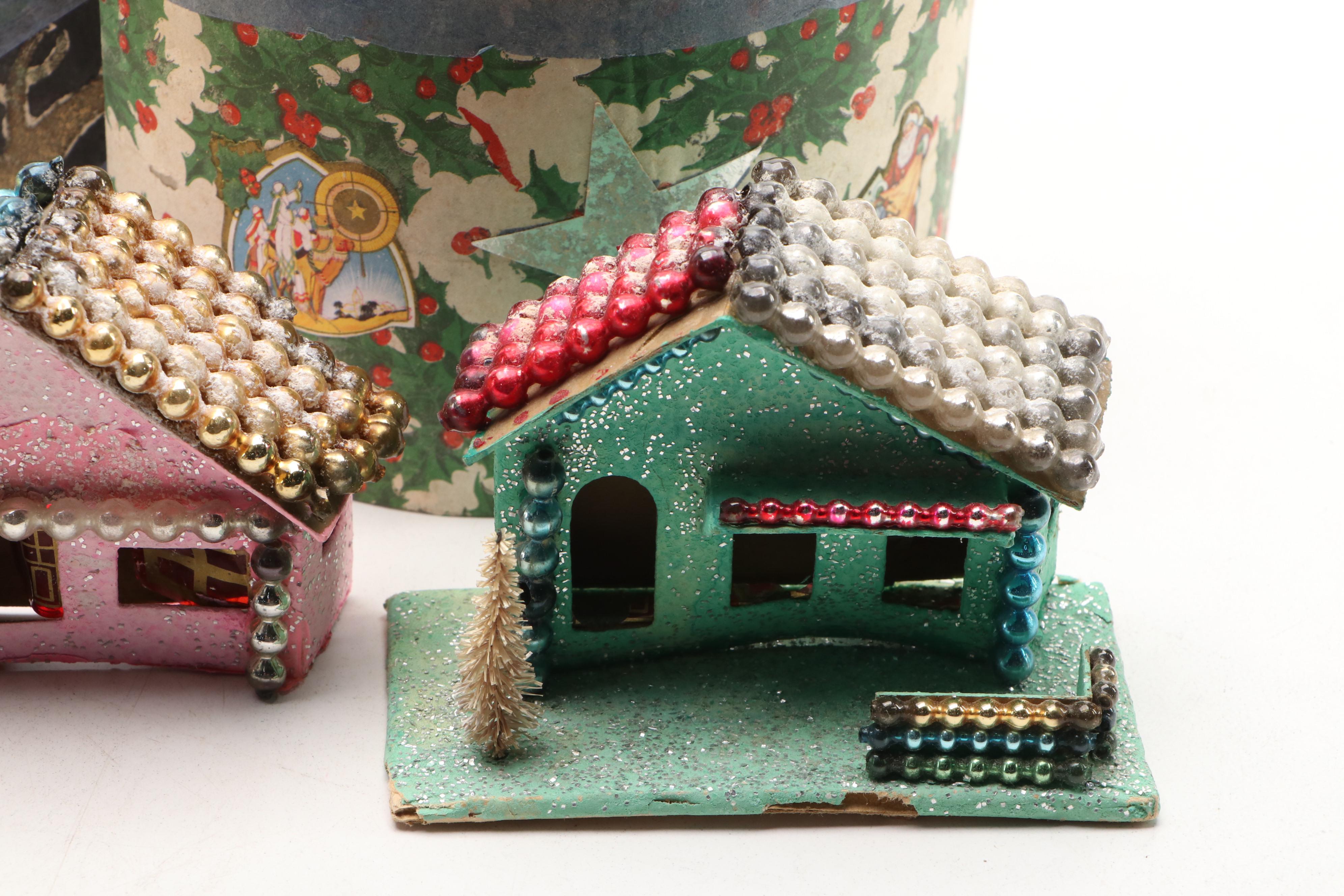Christmas Miniature Cardboard Houses and Hangings, Mid-20th Century