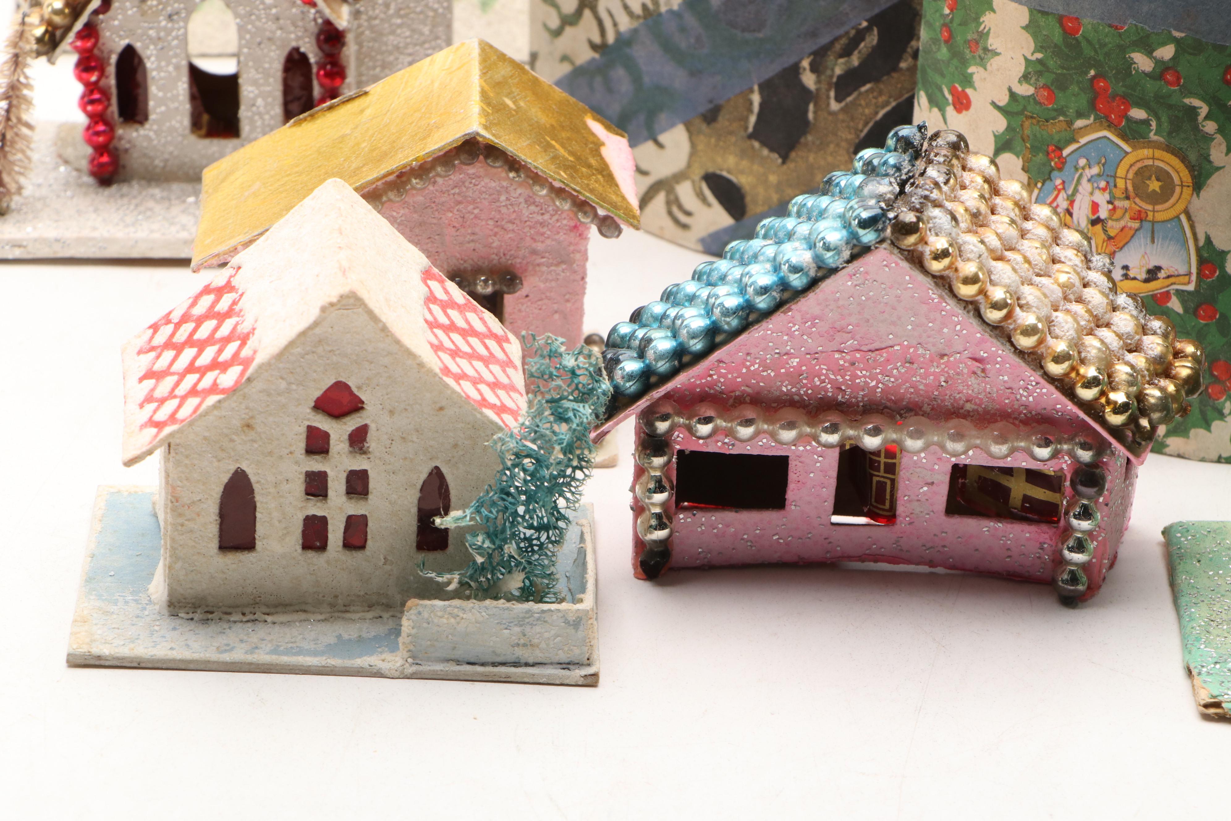 Christmas Miniature Cardboard Houses and Hangings, Mid-20th Century