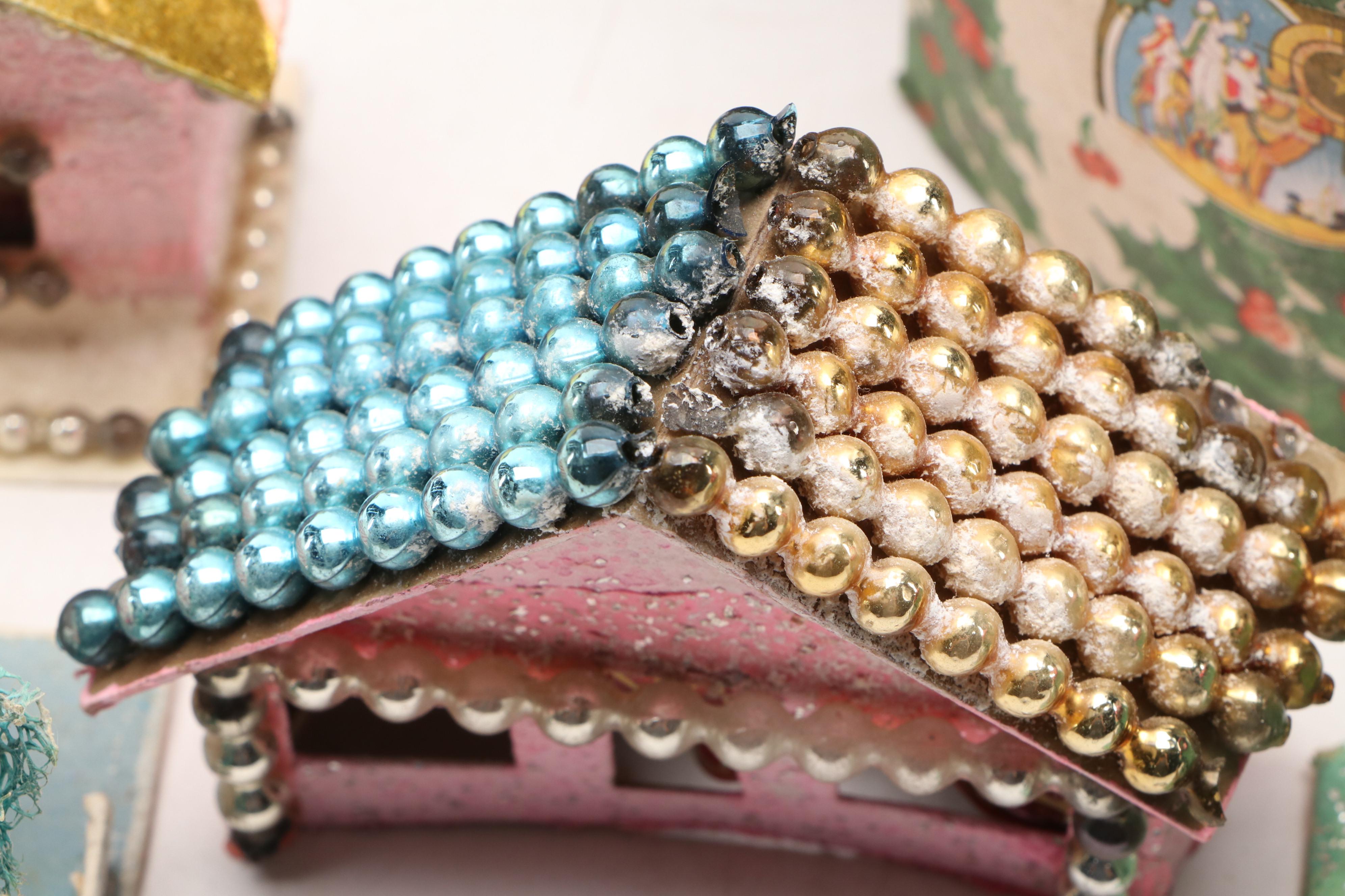 Christmas Miniature Cardboard Houses and Hangings, Mid-20th Century