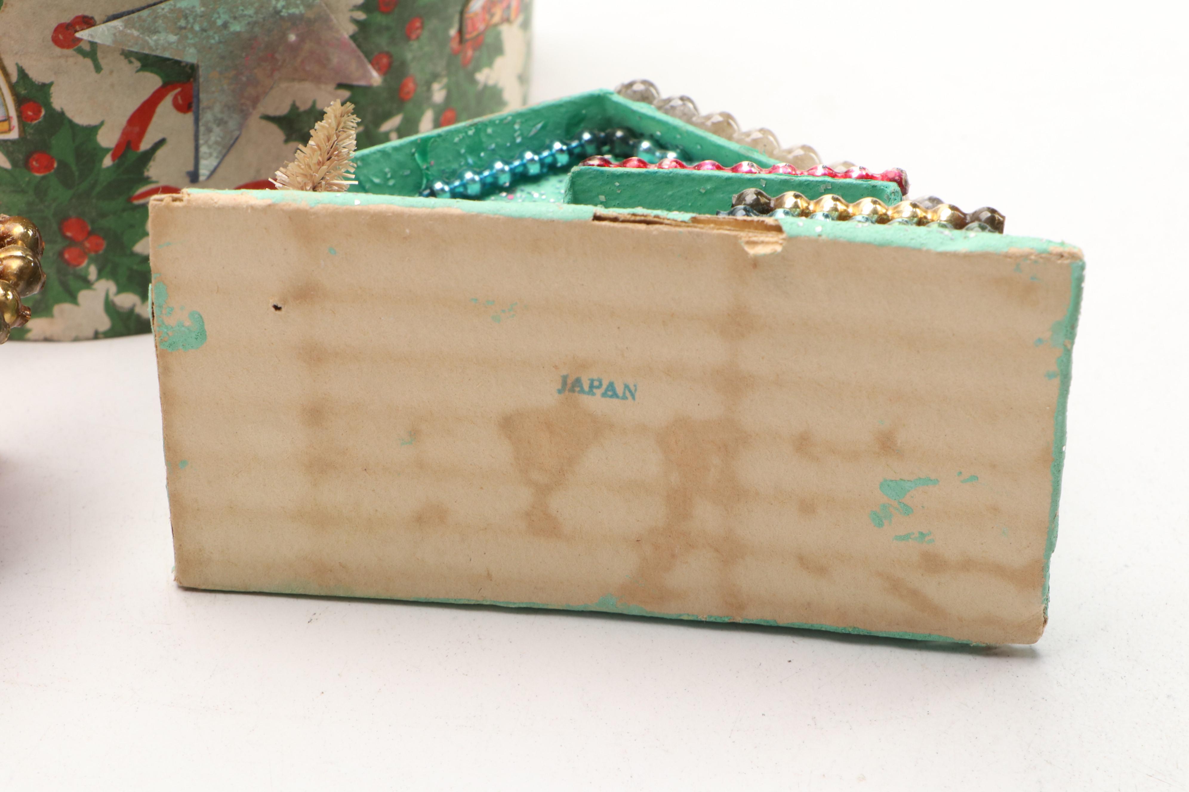 Christmas Miniature Cardboard Houses and Hangings, Mid-20th Century